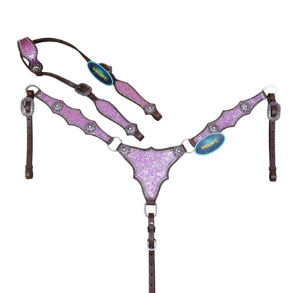 Light purple glitter Western horse tack made from Argentina cow leather, featuring an alligator design, rhinestone conchos, silver studs and vintage hardware.