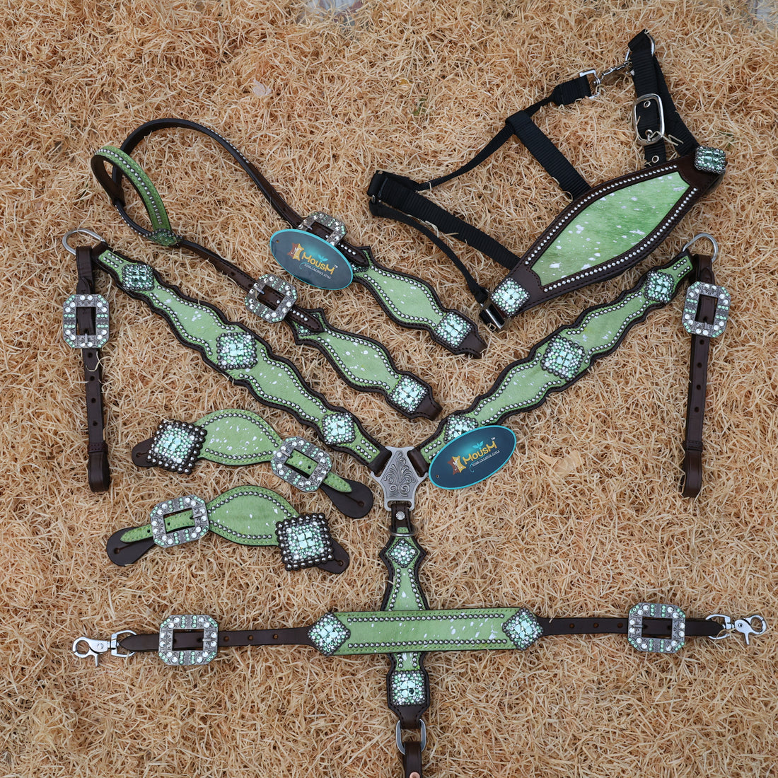 A set of Argentina cow leather Western horse tack including a headstall, breast collar, and other equipment decorated with a lime-green metallic acid wash cowhide finish and antique nickel hardware.