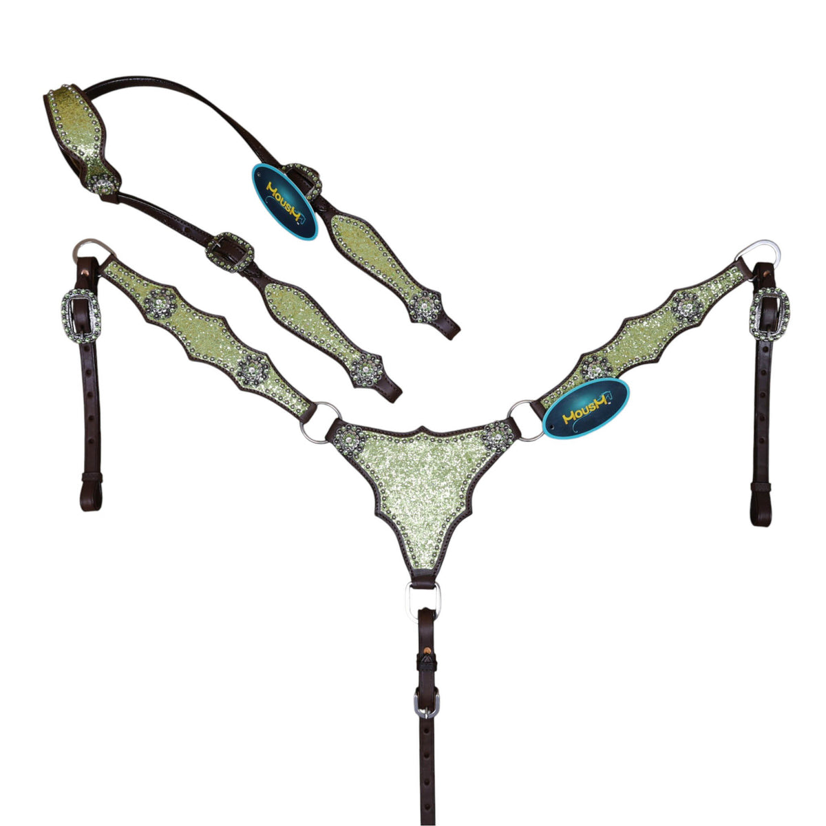 Made from genuine Argentina cow leather, this full-horse set features an alligator design decorated with lime green glitter big chunk sparkles, bling rhinestone conchos, and silver studs.