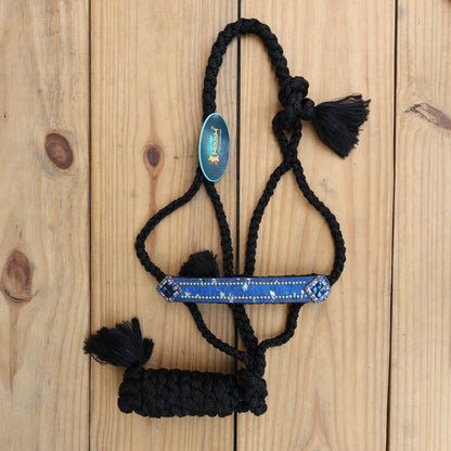 MOUSM Nylon Mule Halter for Horse – 1.5&quot; Inches Wide Noseband Decorated with Royal Blue Acid Wash Hair on Cowhide Leather and Crystal Rhinestone Concho, 7.5&