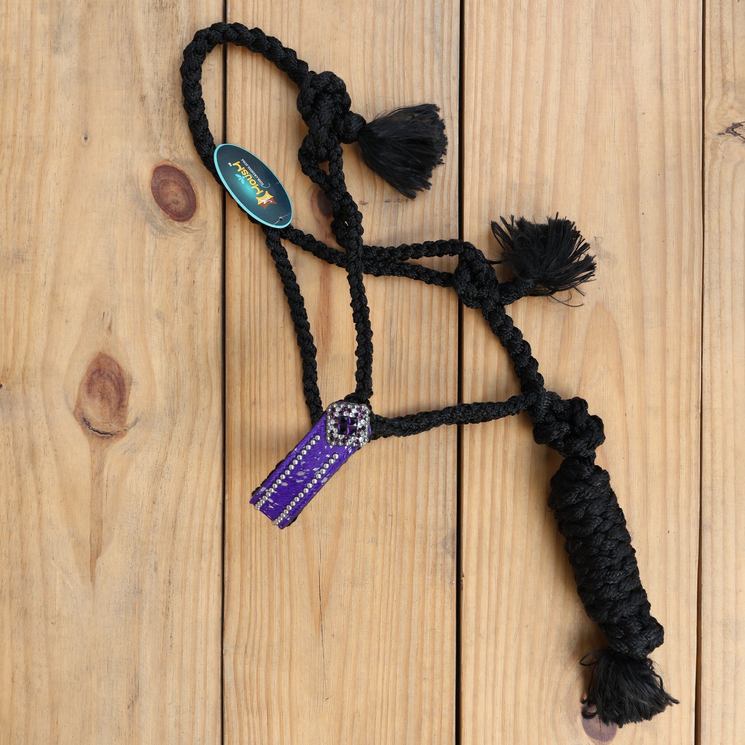 MOUSM Mule Halter for Horse with 1.5&quot; Inches Width Leather Noseband Decorated with Purple Acid Wash Hair on Cowhide Leather and Crystal Rhinestone Concho, 7.5&