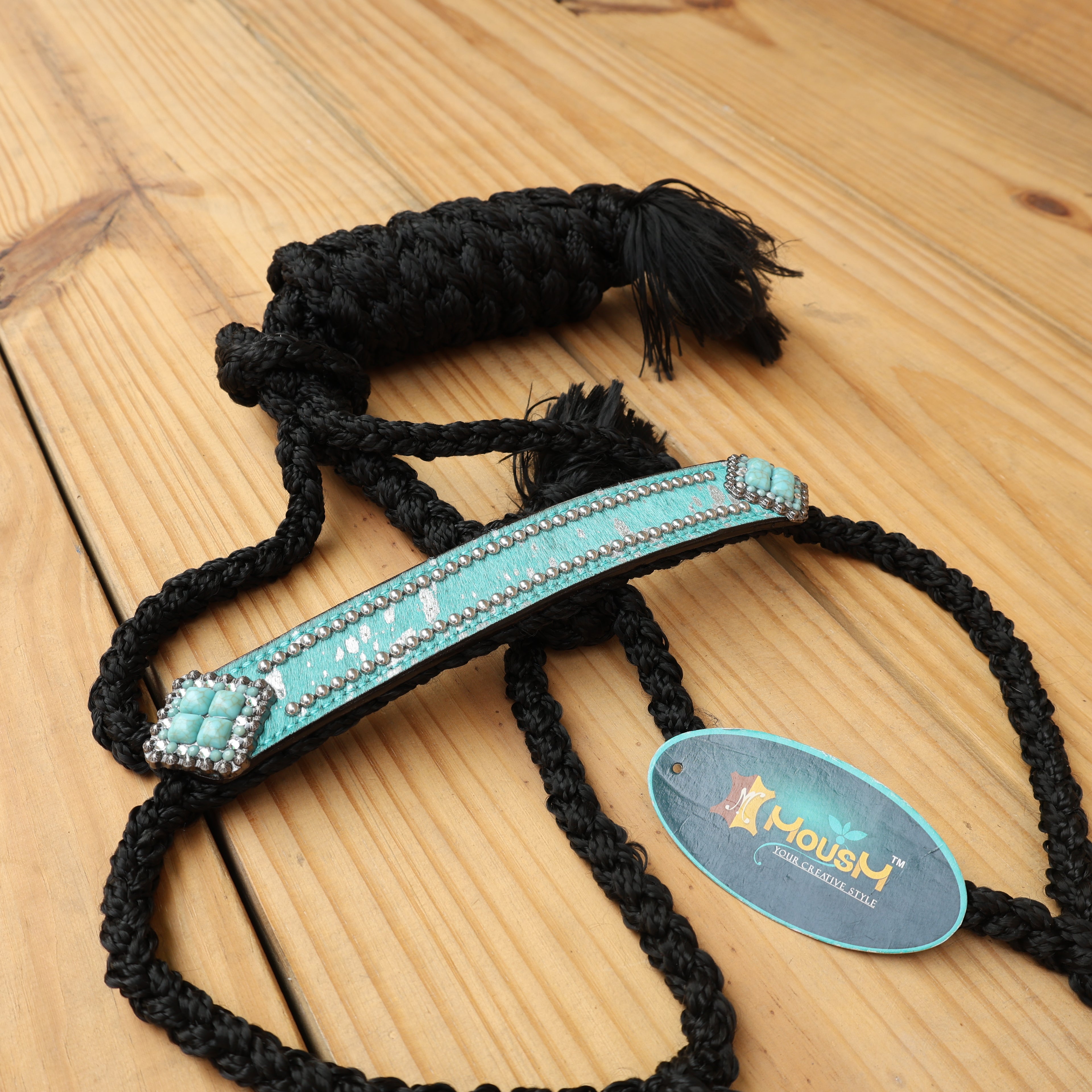 MOUSM Mule Halter for Horse – 1.5&quot; Inches Wide Leather Noseband Decorated with Turquoise Acid Wash Hair on Cowhide and Crystal Rhinestone Concho, 7.5&