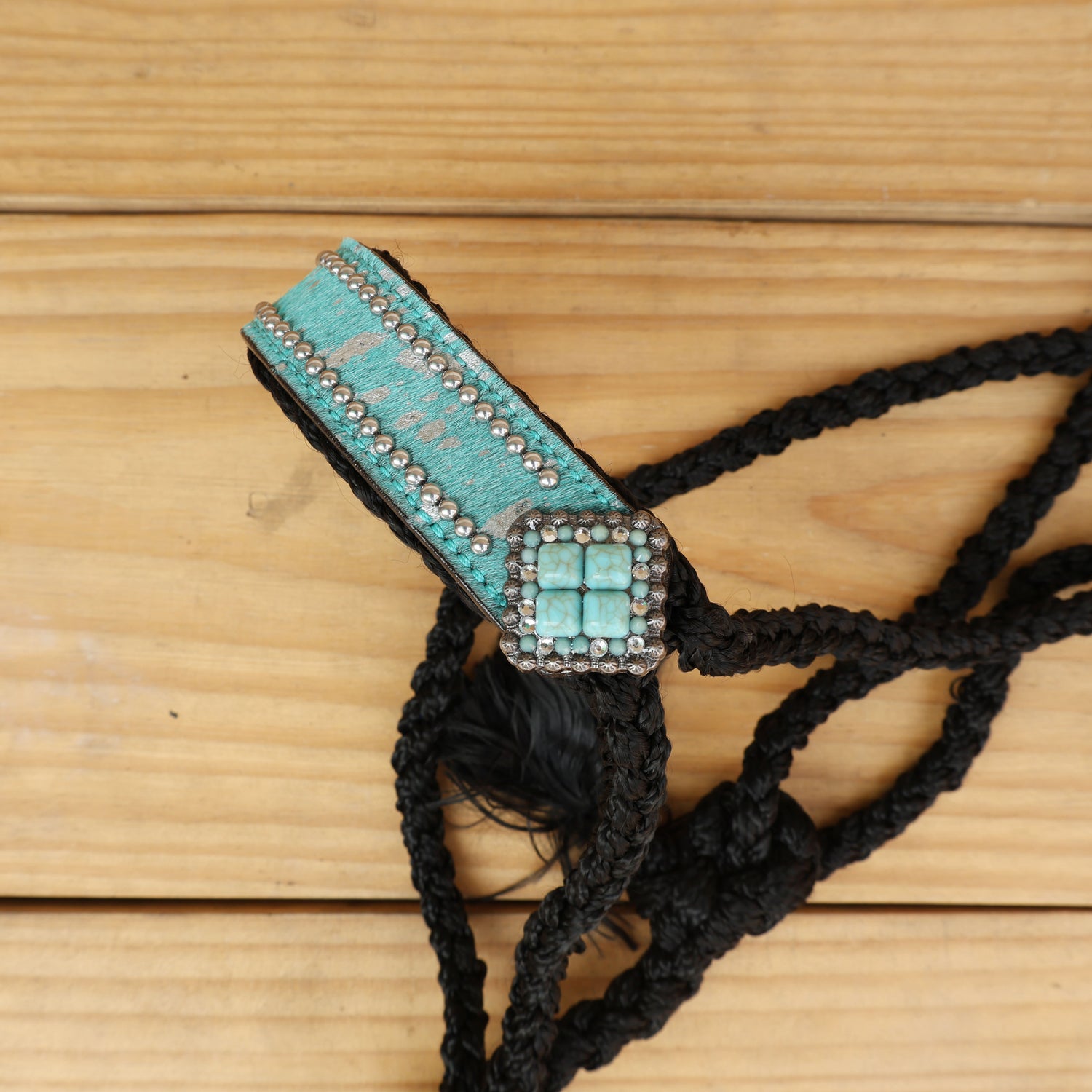 MOUSM Mule Halter for Horse – 1.5&quot; Inches Wide Leather Noseband Decorated with Turquoise Acid Wash Hair on Cowhide and Crystal Rhinestone Concho, 7.5&