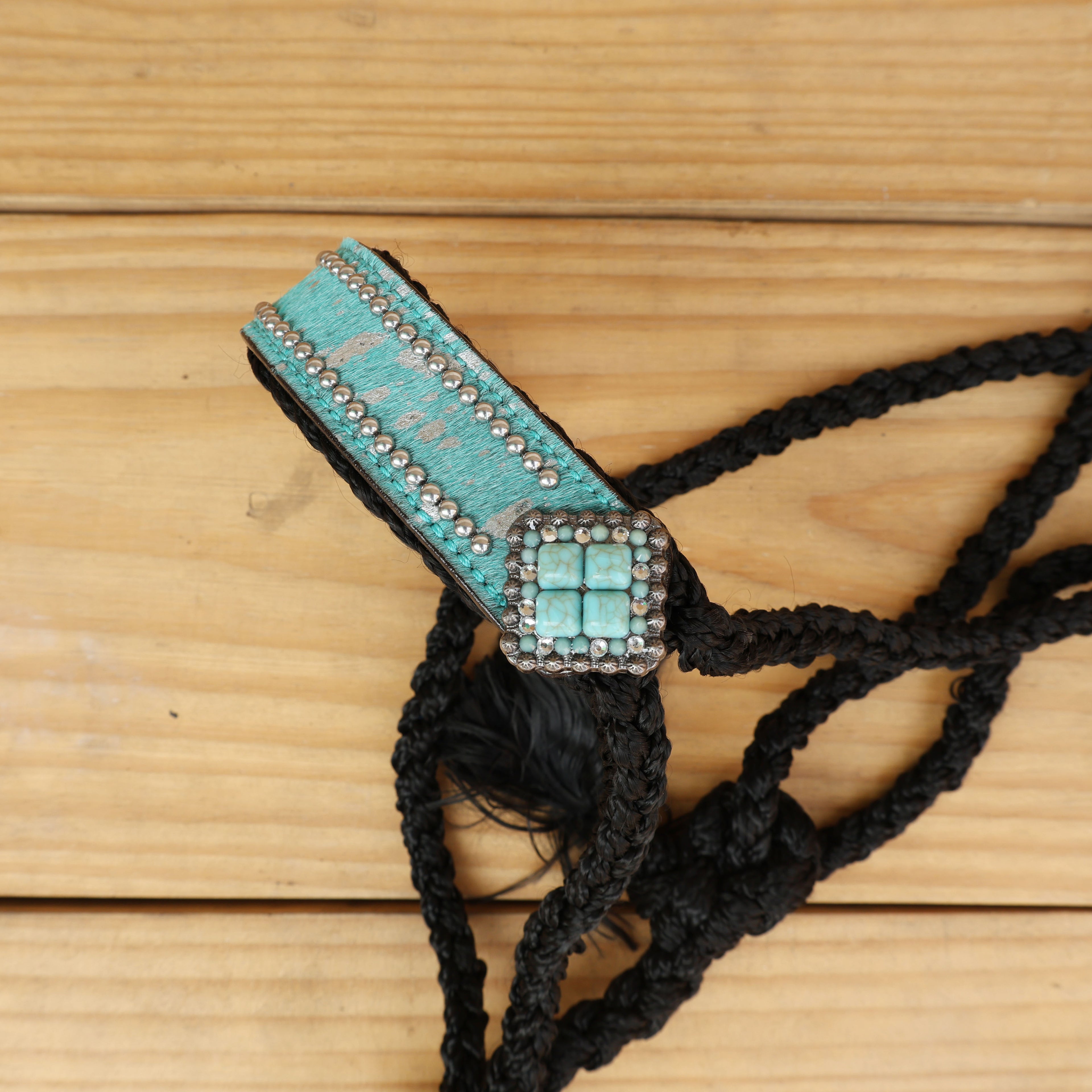 MOUSM Mule Halter for Horse – 1.5&quot; Inches Wide Leather Noseband Decorated with Turquoise Acid Wash Hair on Cowhide and Crystal Rhinestone Concho, 7.5&