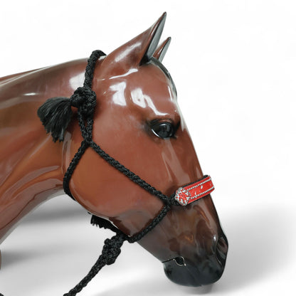 MOUSM Nylon Mule Halter for Horse – Decorated with Red Acid Wash Hair on Cowhide Leather Noseband 1.5&quot; Inches Wide and Crystal Rhinestone Concho, 7.5&