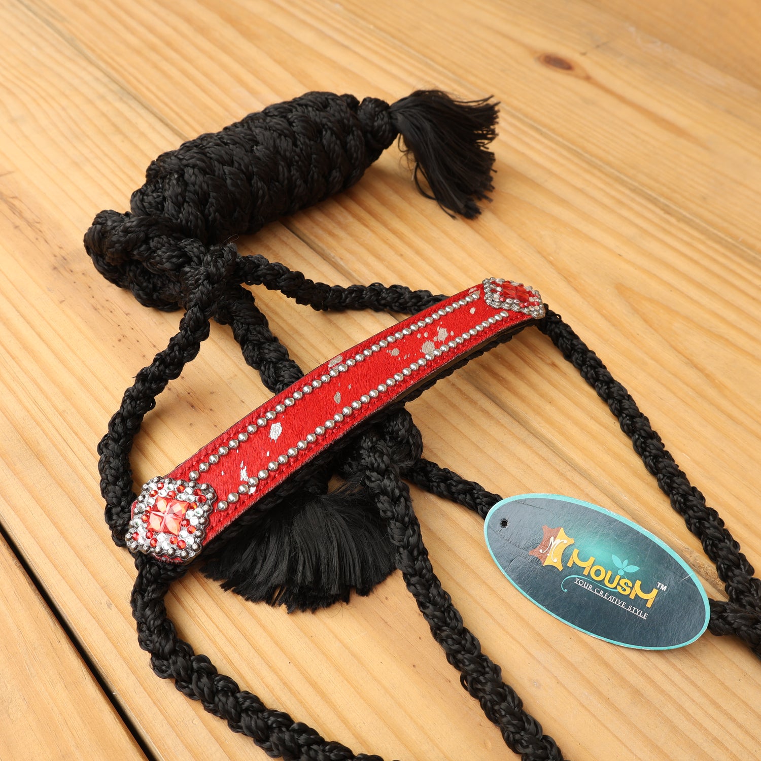 MOUSM Nylon Mule Halter for Horse – Decorated with Red Acid Wash Hair on Cowhide Leather Noseband 1.5&quot; Inches Wide and Crystal Rhinestone Concho, 7.5&
