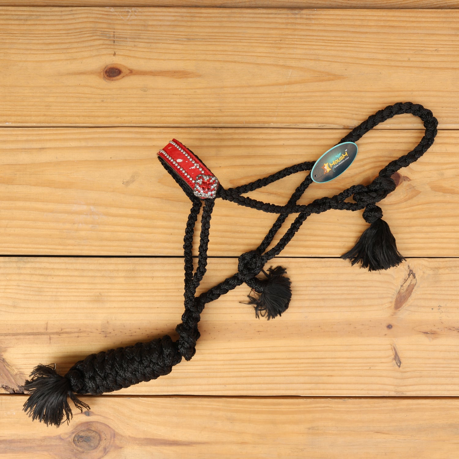 MOUSM Nylon Mule Halter for Horse – Decorated with Red Acid Wash Hair on Cowhide Leather Noseband 1.5&quot; Inches Wide and Crystal Rhinestone Concho, 7.5&