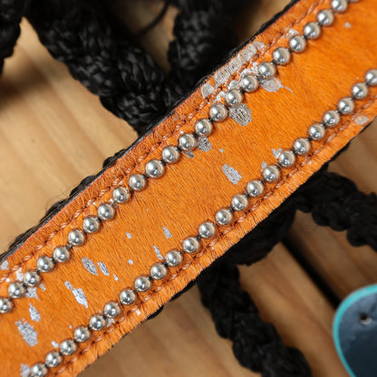 MOUSM Mule Halter for Horse - 1.5&quot; Inches Wide Noseband Decorated with Orange Acid Wash Hair on Cowhide Leather and Crystal Rhinestone Concho, 7.5&