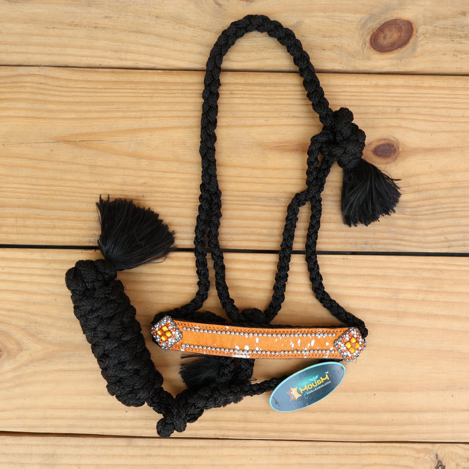 MOUSM Mule Halter for Horse - 1.5&quot; Inches Wide Noseband Decorated with Orange Acid Wash Hair on Cowhide Leather and Crystal Rhinestone Concho, 7.5&