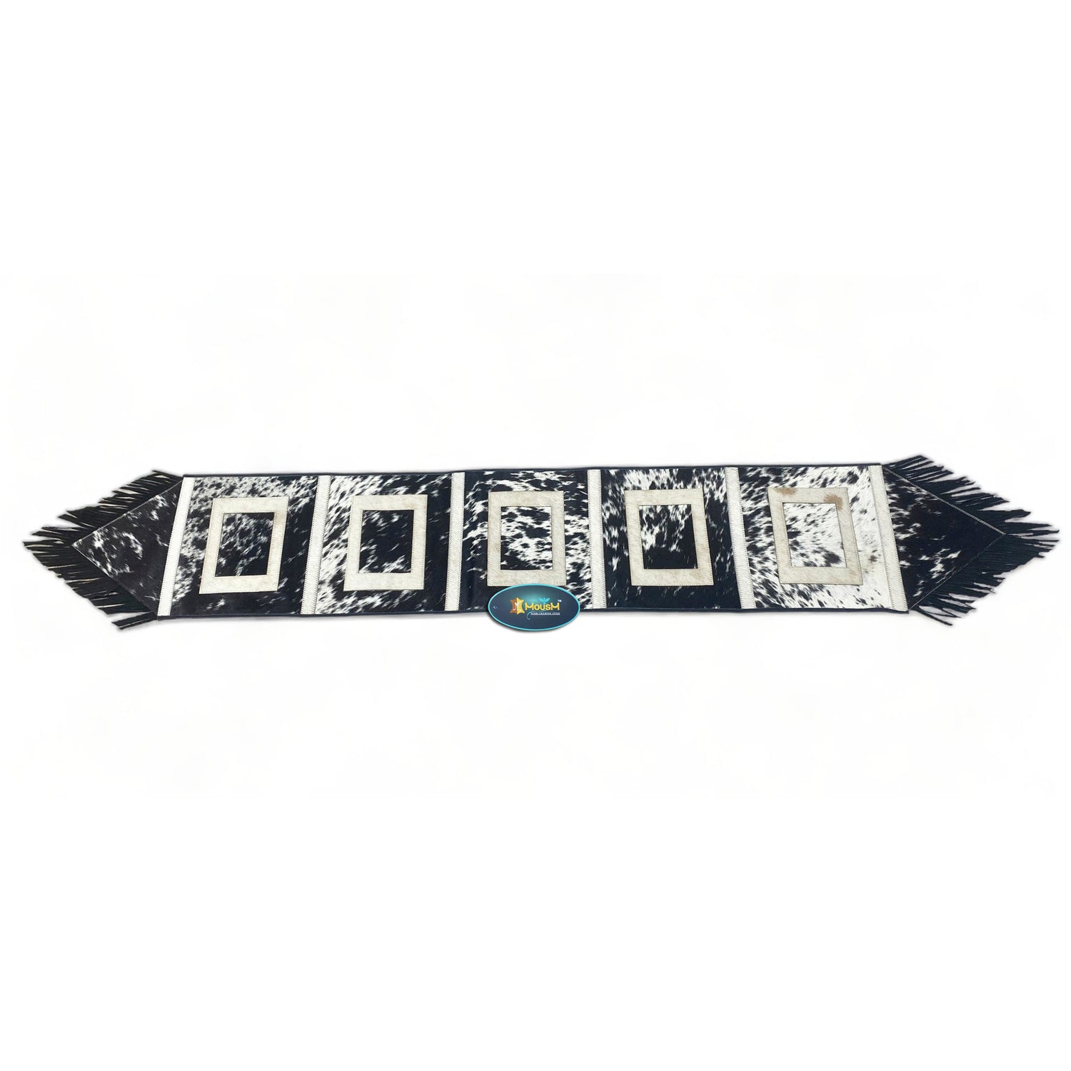 MOUSM Real Cowhide Leather Table Runner – 72x12 Inches, Rustic Farmhouse Table Centerpiece with Embroidered Square Cut &amp; Leather Black Fringe for Table Décor