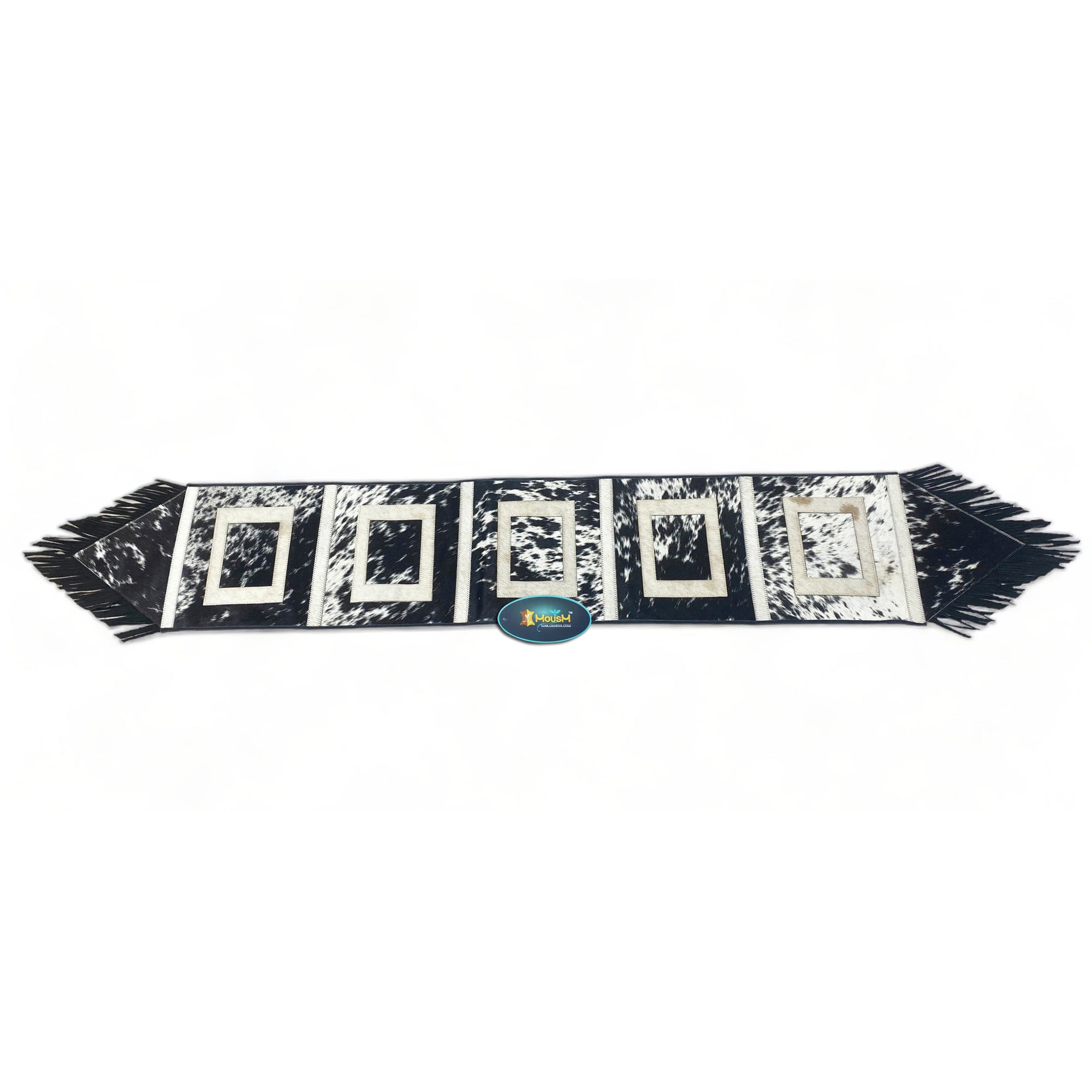 MOUSM Real Cowhide Leather Table Runner – 72x12 Inches, Rustic Farmhouse Table Centerpiece with Embroidered Square Cut &amp; Leather Black Fringe for Table Décor