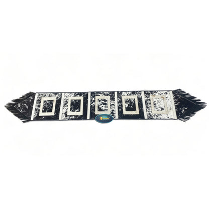 MOUSM Real Cowhide Leather Table Runner – 72x12 Inches, Rustic Farmhouse Table Centerpiece with Embroidered Square Cut &amp; Leather Black Fringe for Table Décor