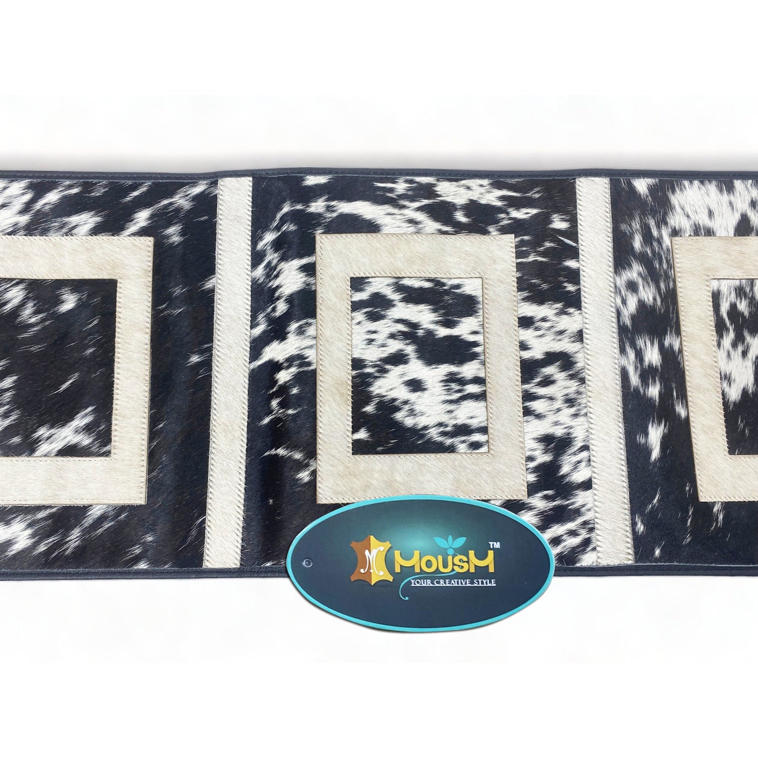 MOUSM Real Cowhide Leather Table Runner – 72x12 Inches, Rustic Farmhouse Table Centerpiece with Embroidered Square Cut &amp; Leather Black Fringe for Table Décor