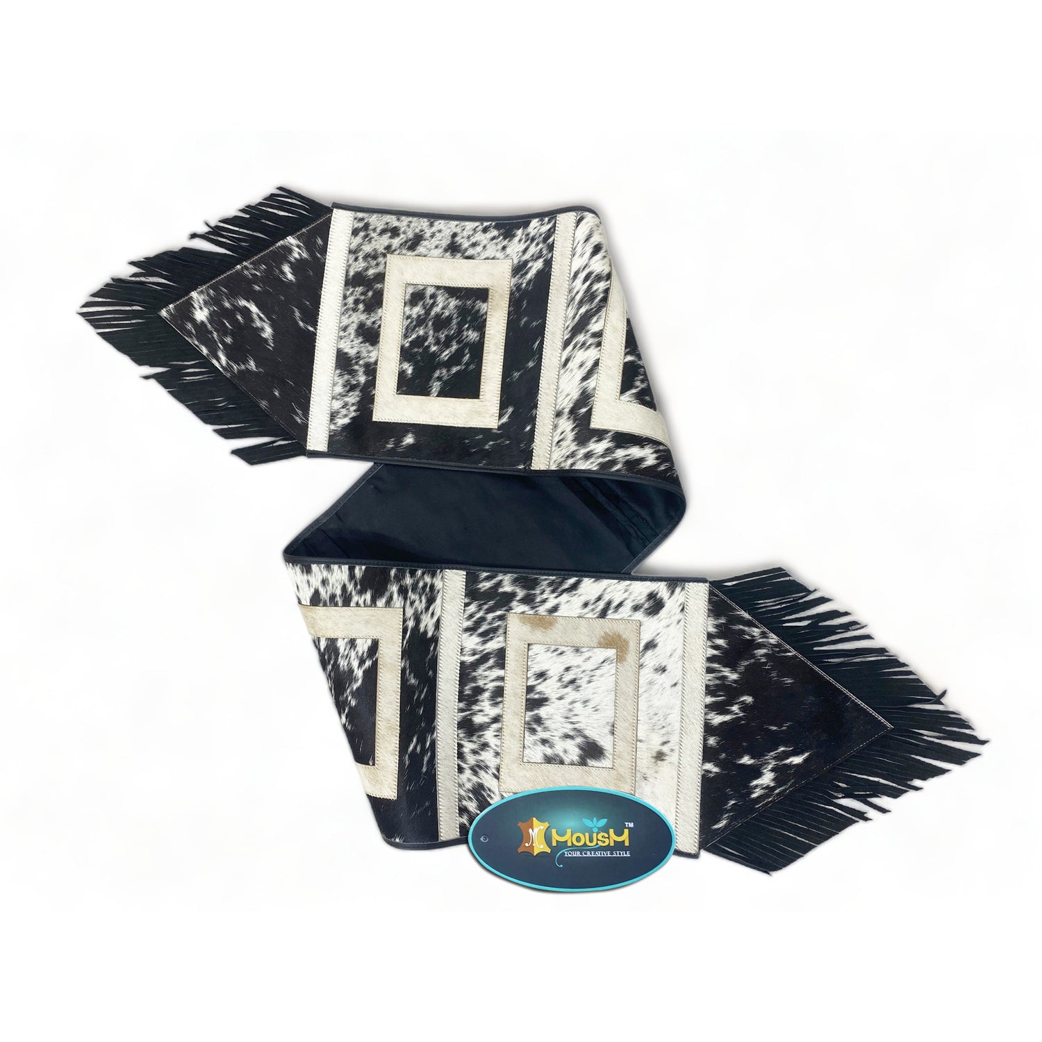 MOUSM Real Cowhide Leather Table Runner – 72x12 Inches, Rustic Farmhouse Table Centerpiece with Embroidered Square Cut &amp; Leather Black Fringe for Table Décor