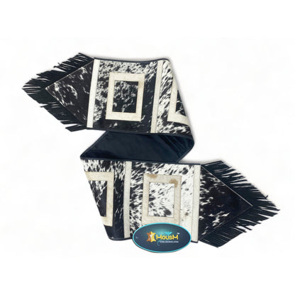 MOUSM Real Cowhide Leather Table Runner – 72x12 Inches, Rustic Farmhouse Table Centerpiece with Embroidered Square Cut &amp; Leather Black Fringe for Table Décor