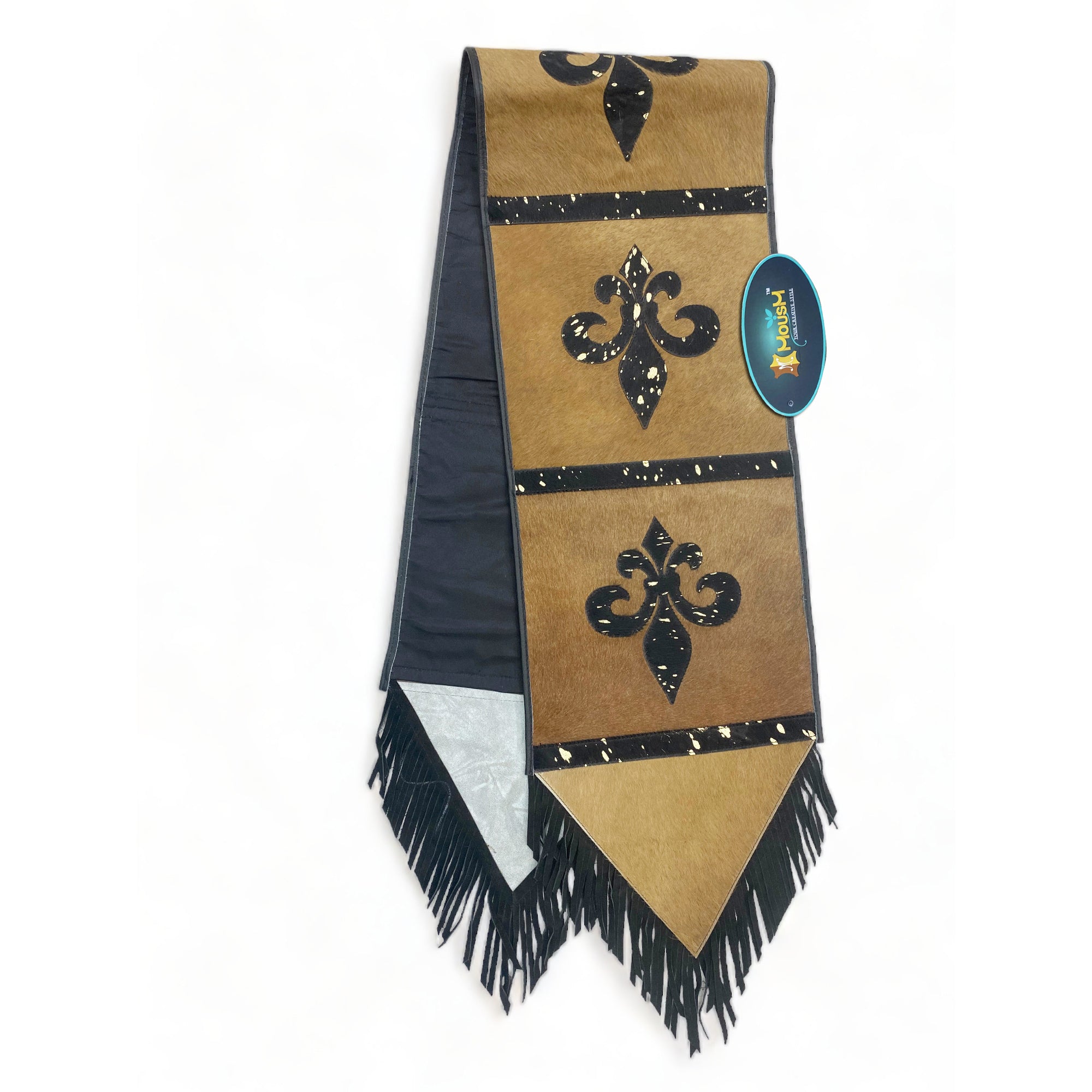 MOUSM Real Cow Hide Leather Embroidered Table Runner - 72x12 Inches, Rustic Farmhouse Table Centerpiece with Fleur-de-lis Design &amp; Leather Black Fringe for Table Décor