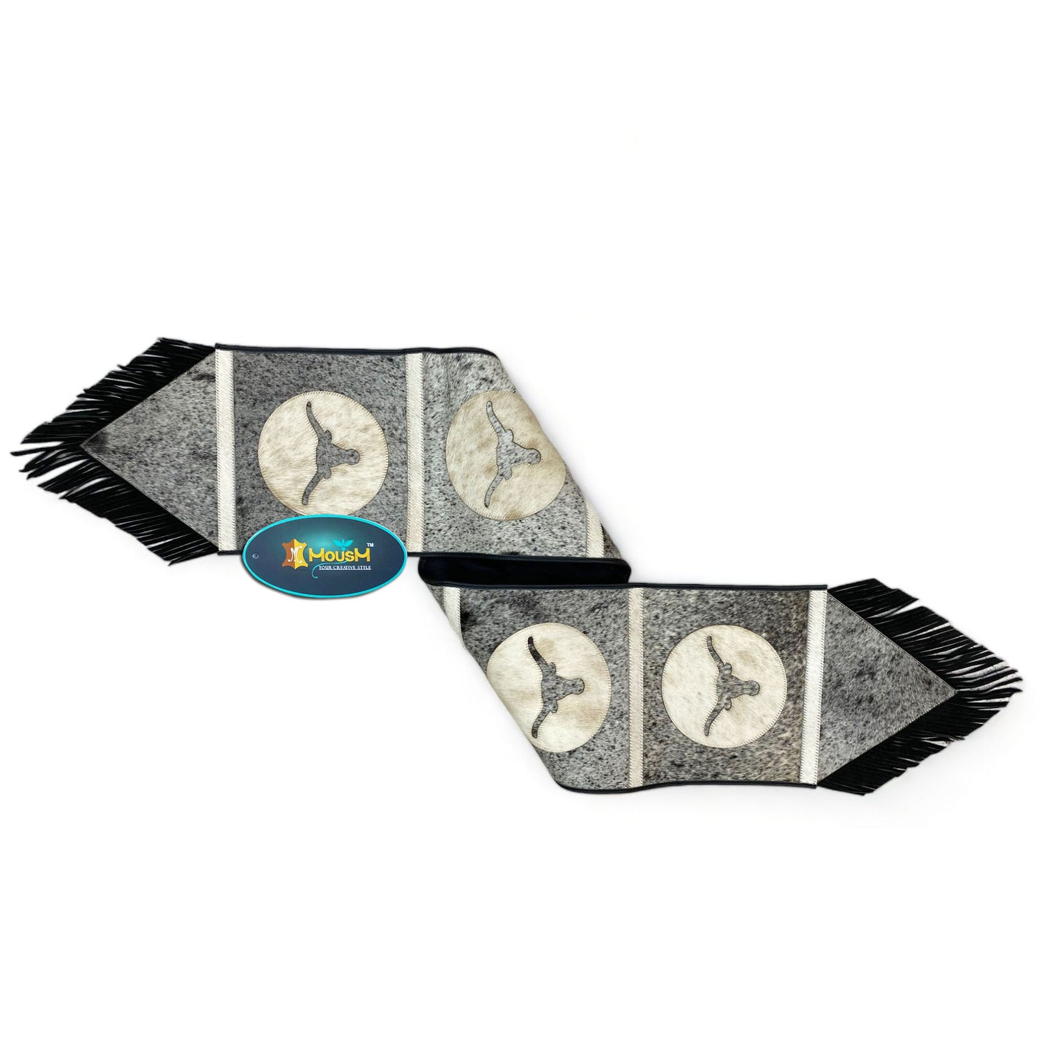 MOUSM Real Cowhide Leather Table Runner – 72x12 Inches, Rustic Farmhouse Table Centerpiece with Embroidered Bull Head Cutout Patches with Leather Black Fringe for Table Décor