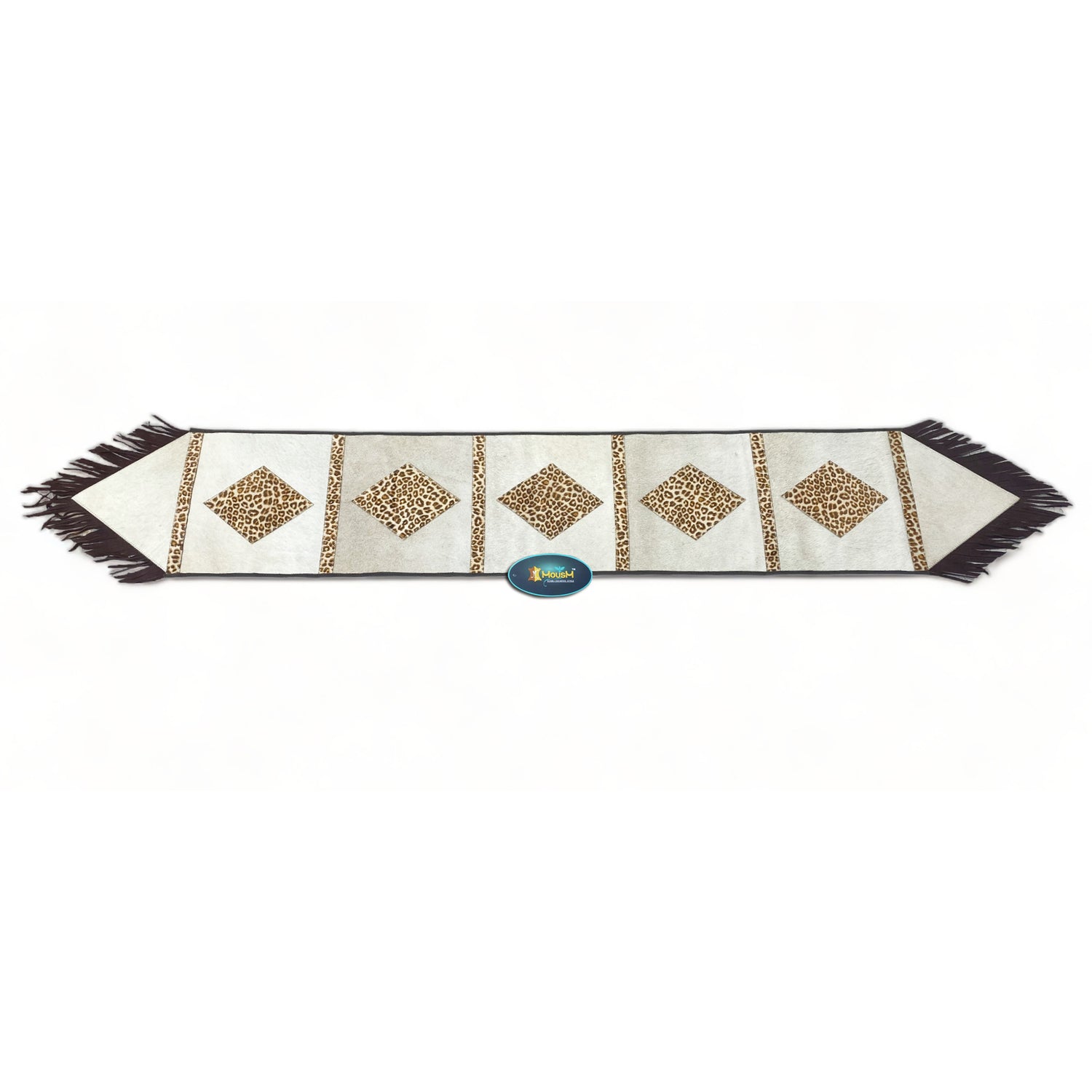 MOUSM Real Cow Hide Leather Table Runner - 72x12 Inches, Embroidered Leopard Print with Brown Leather Fringe for Rustic Farmhouse Table Centerpiece Wedding Dinner party