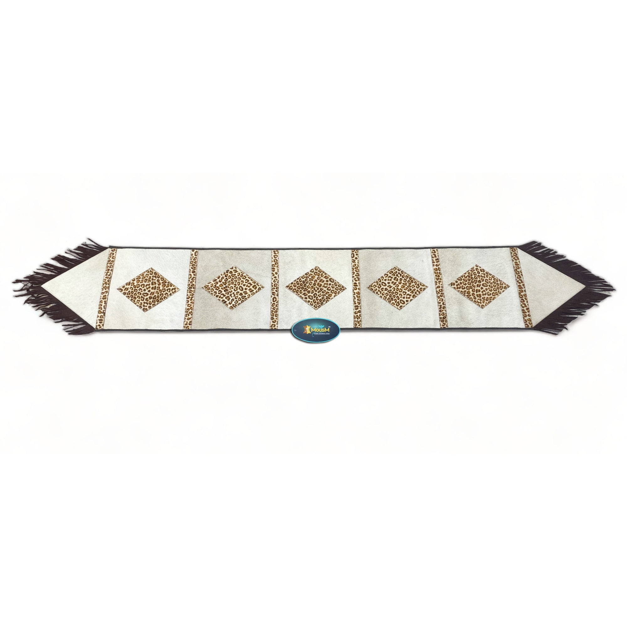 MOUSM Real Cow Hide Leather Table Runner - 72x12 Inches, Embroidered Leopard Print with Brown Leather Fringe for Rustic Farmhouse Table Centerpiece Wedding Dinner party