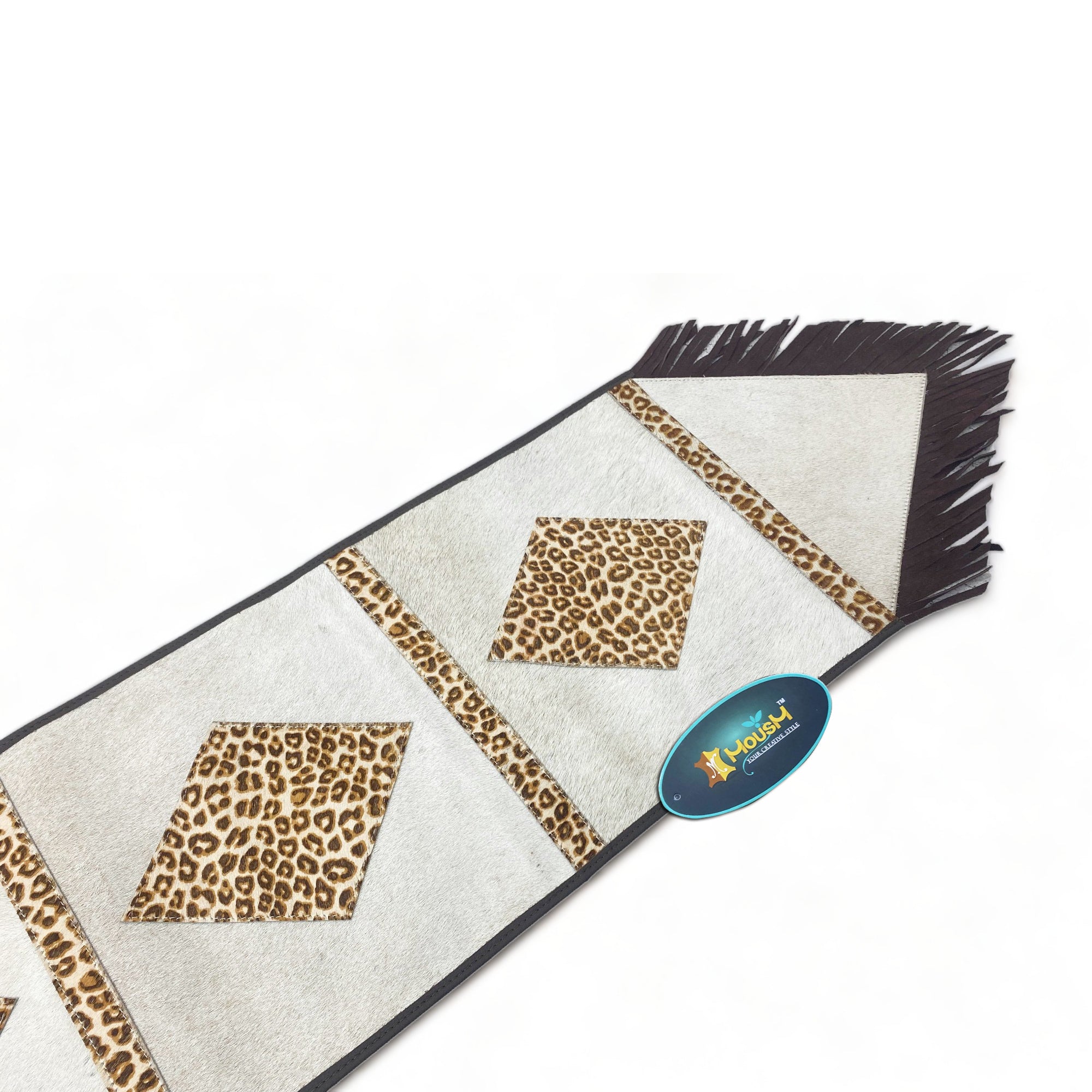 MOUSM Real Cow Hide Leather Table Runner - 72x12 Inches, Embroidered Leopard Print with Brown Leather Fringe for Rustic Farmhouse Table Centerpiece Wedding Dinner party
