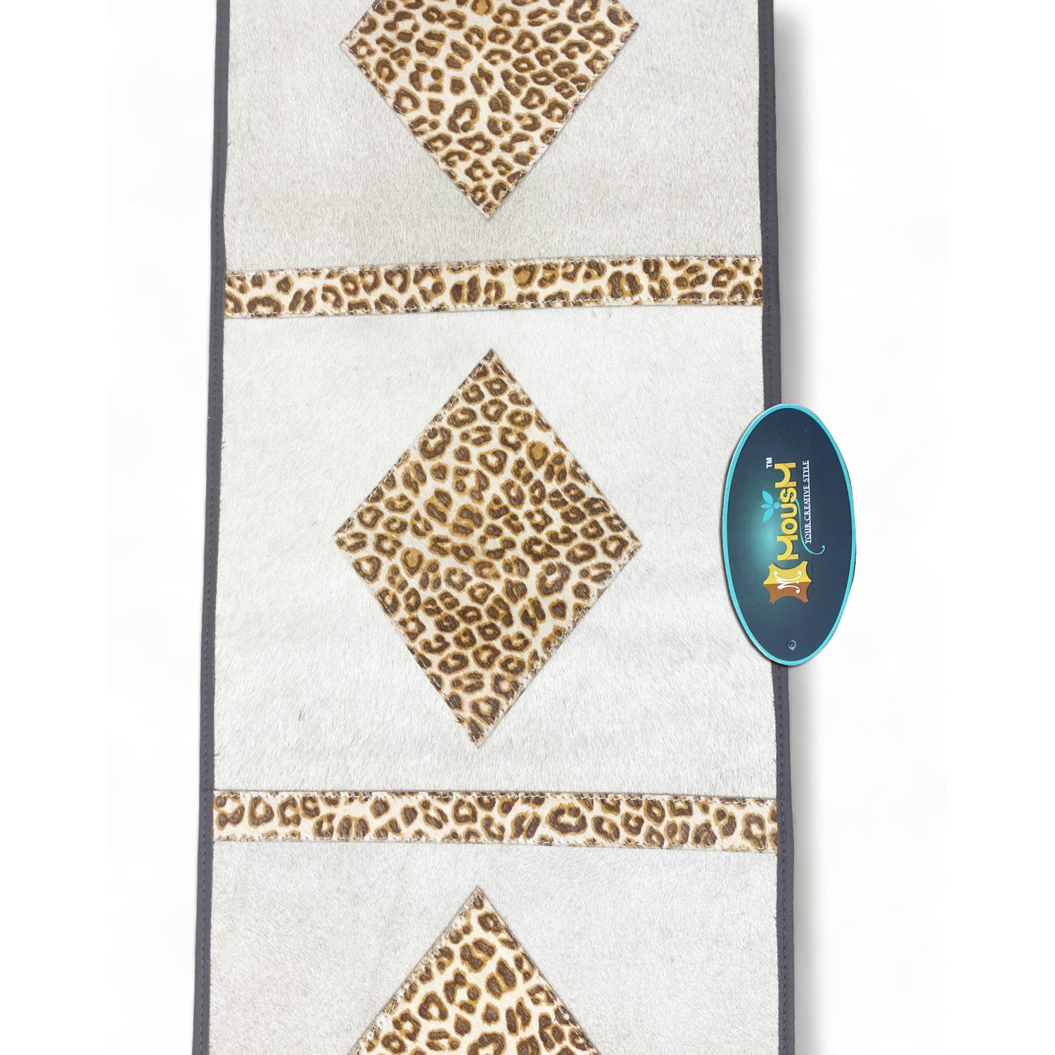 MOUSM Real Cow Hide Leather Table Runner - 72x12 Inches, Embroidered Leopard Print with Brown Leather Fringe for Rustic Farmhouse Table Centerpiece Wedding Dinner party