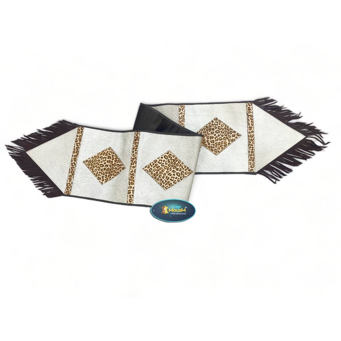 MOUSM Real Cow Hide Leather Table Runner - 72x12 Inches, Embroidered Leopard Print with Brown Leather Fringe for Rustic Farmhouse Table Centerpiece Wedding Dinner party