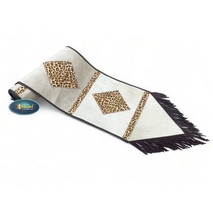 MOUSM Real Cow Hide Leather Table Runner - 72x12 Inches, Embroidered Leopard Print with Brown Leather Fringe for Rustic Farmhouse Table Centerpiece Wedding Dinner party