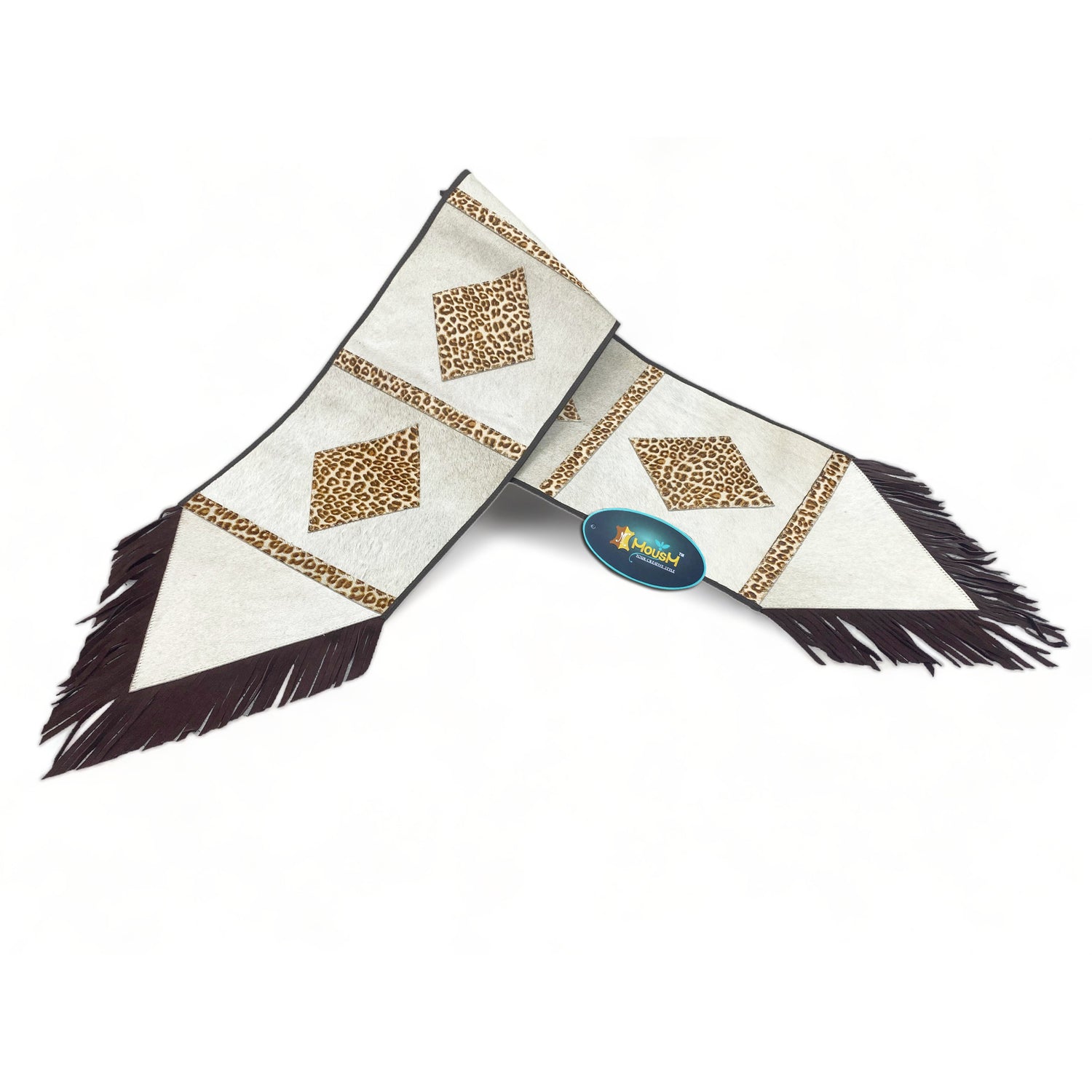 MOUSM Real Cow Hide Leather Table Runner - 72x12 Inches, Embroidered Leopard Print with Brown Leather Fringe for Rustic Farmhouse Table Centerpiece Wedding Dinner party