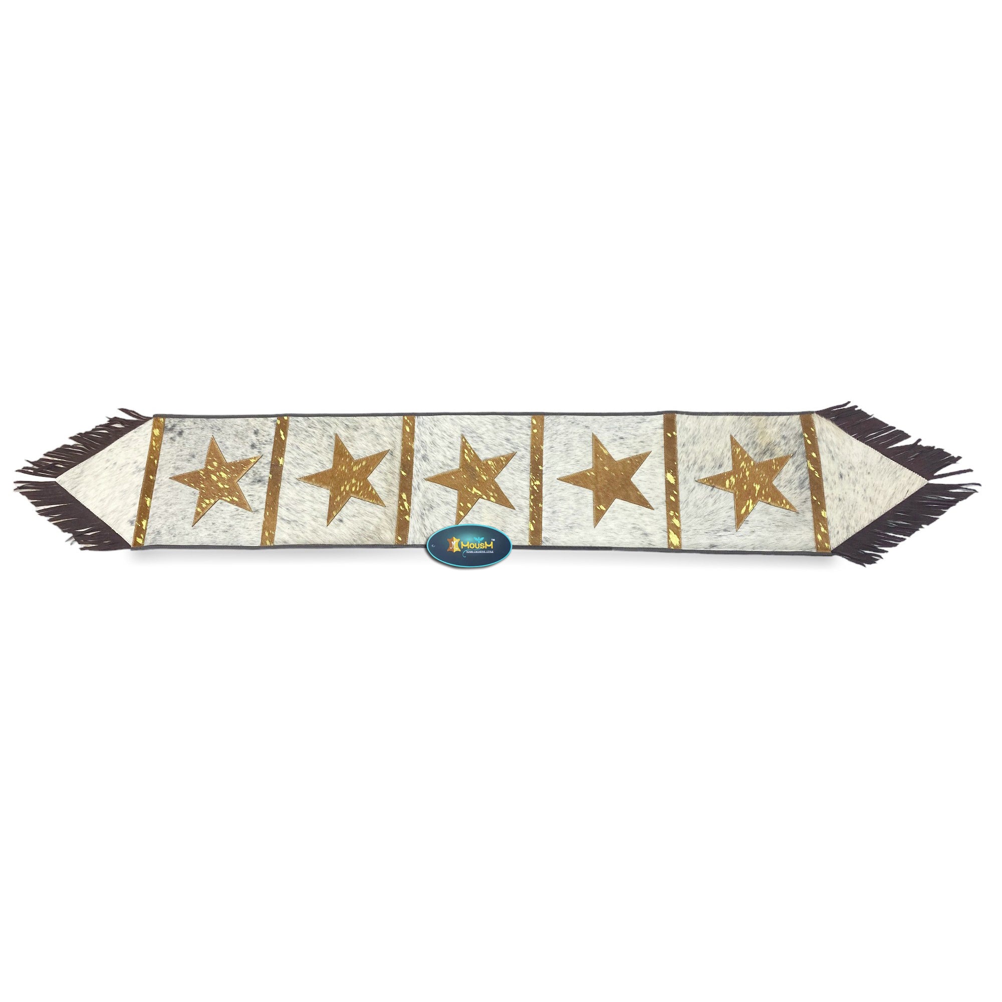 MOUSM Real Cow Hide Leather Table Runner - 72x12 inches, Embroidered Stars Cutout with Leather Black Fringe for Farmhouse Rustic Wedding Dinner Party