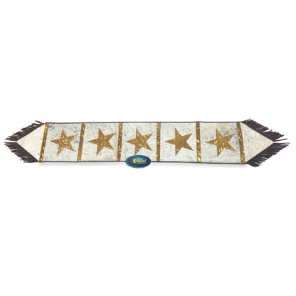 MOUSM Real Cow Hide Leather Table Runner - 72x12 inches, Embroidered Stars Cutout with Leather Black Fringe for Farmhouse Rustic Wedding Dinner Party