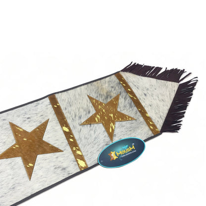 MOUSM Real Cow Hide Leather Table Runner - 72x12 inches, Embroidered Stars Cutout with Leather Black Fringe for Farmhouse Rustic Wedding Dinner Party
