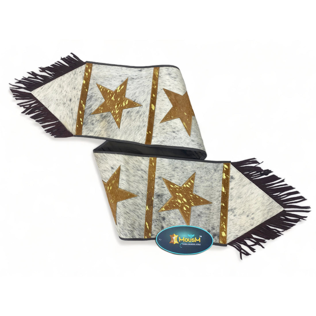 MOUSM Real Cow Hide Leather Table Runner - 72x12 inches, Embroidered Stars Cutout with Leather Black Fringe for Farmhouse Rustic Wedding Dinner Party