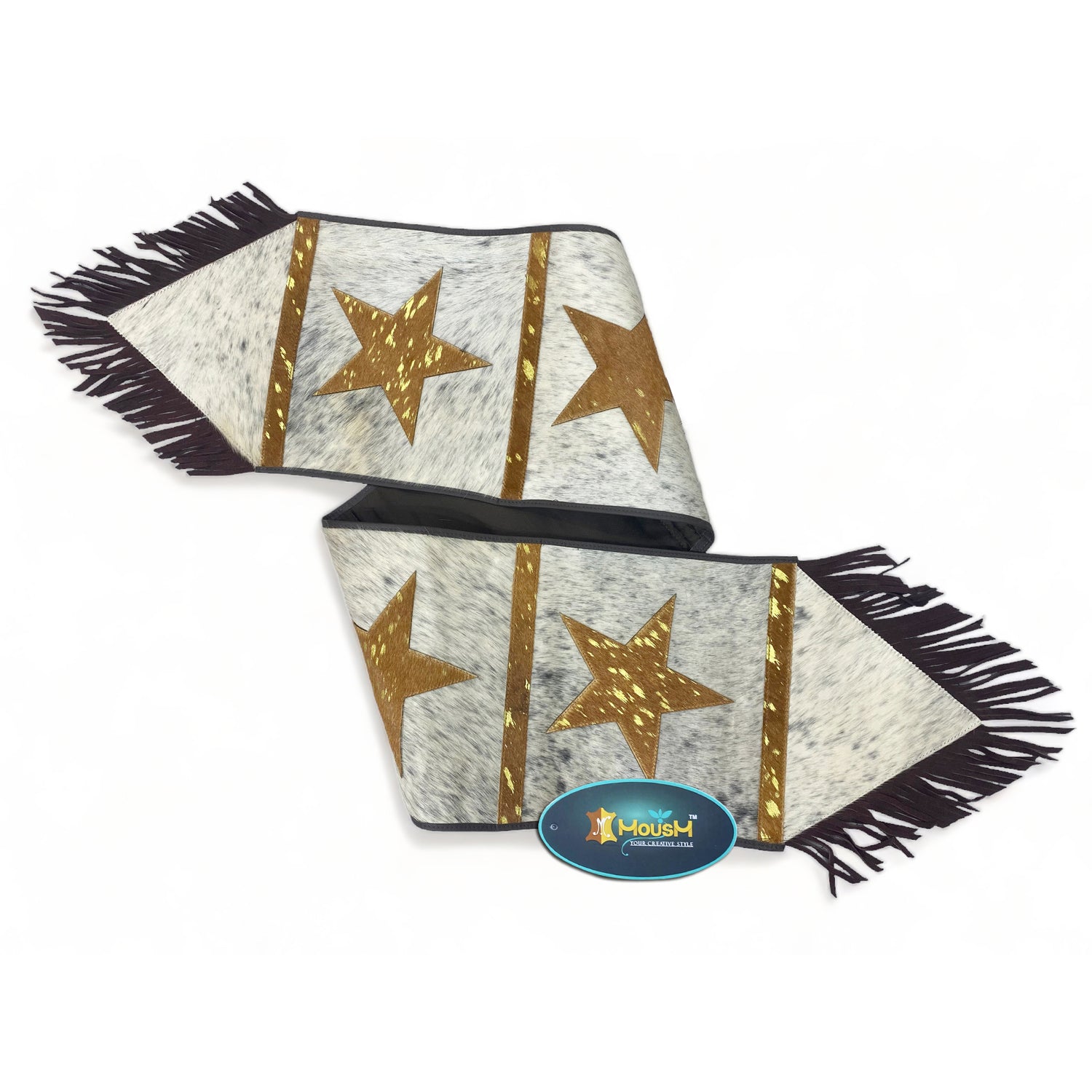 MOUSM Real Cow Hide Leather Table Runner - 72x12 inches, Embroidered Stars Cutout with Leather Black Fringe for Farmhouse Rustic Wedding Dinner Party