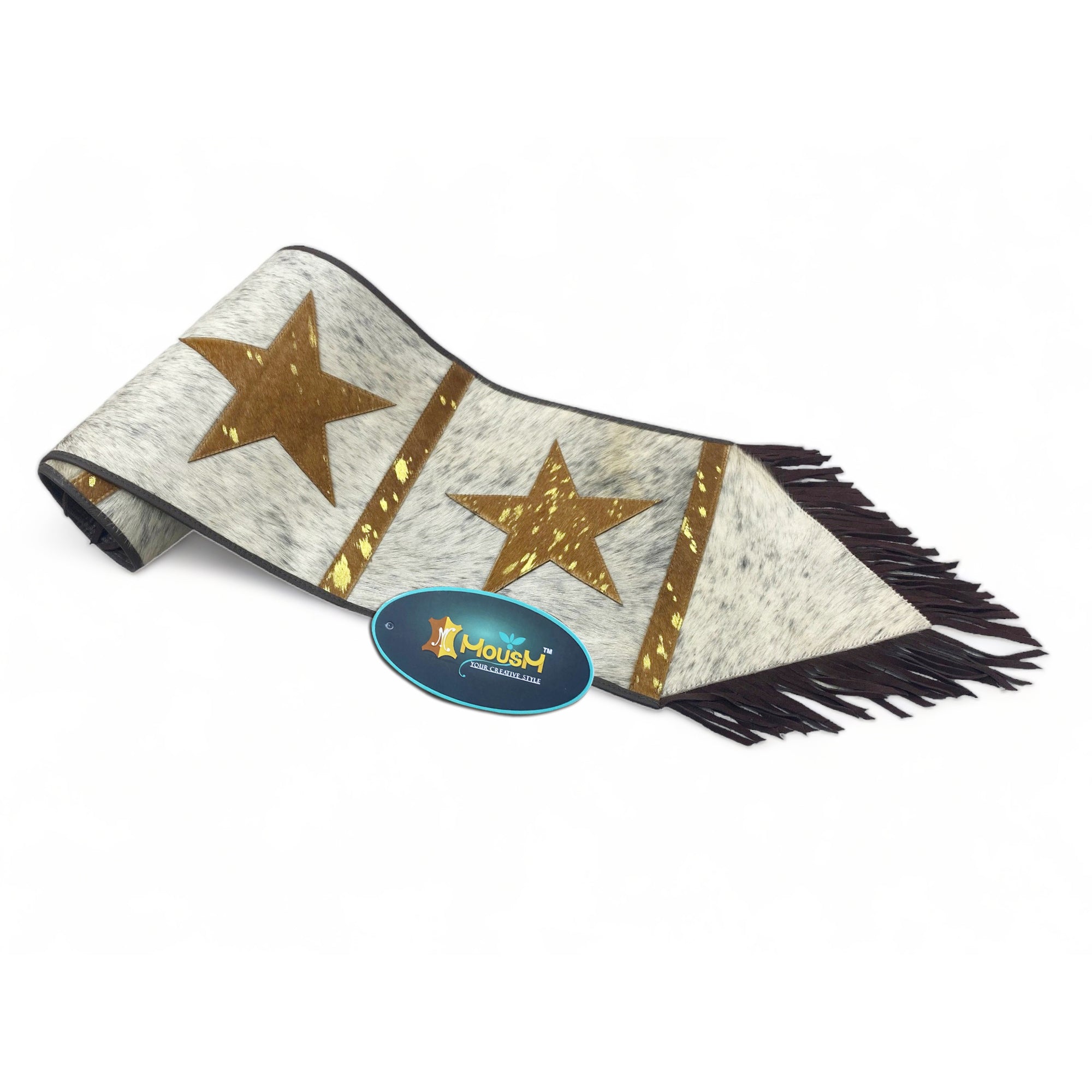 MOUSM Real Cow Hide Leather Table Runner - 72x12 inches, Embroidered Stars Cutout with Leather Black Fringe for Farmhouse Rustic Wedding Dinner Party