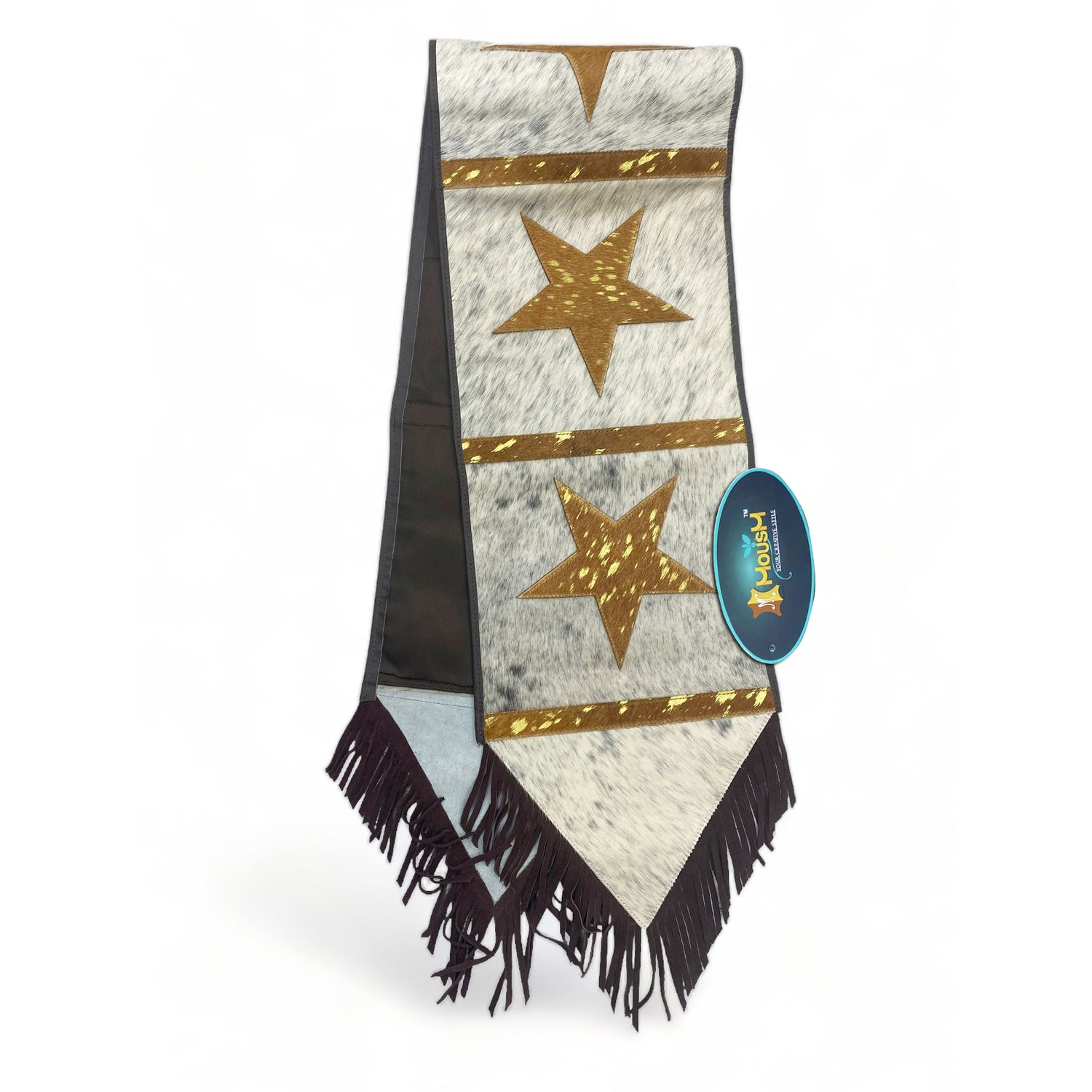 MOUSM Real Cow Hide Leather Table Runner - 72x12 inches, Embroidered Stars Cutout with Leather Black Fringe for Farmhouse Rustic Wedding Dinner Party