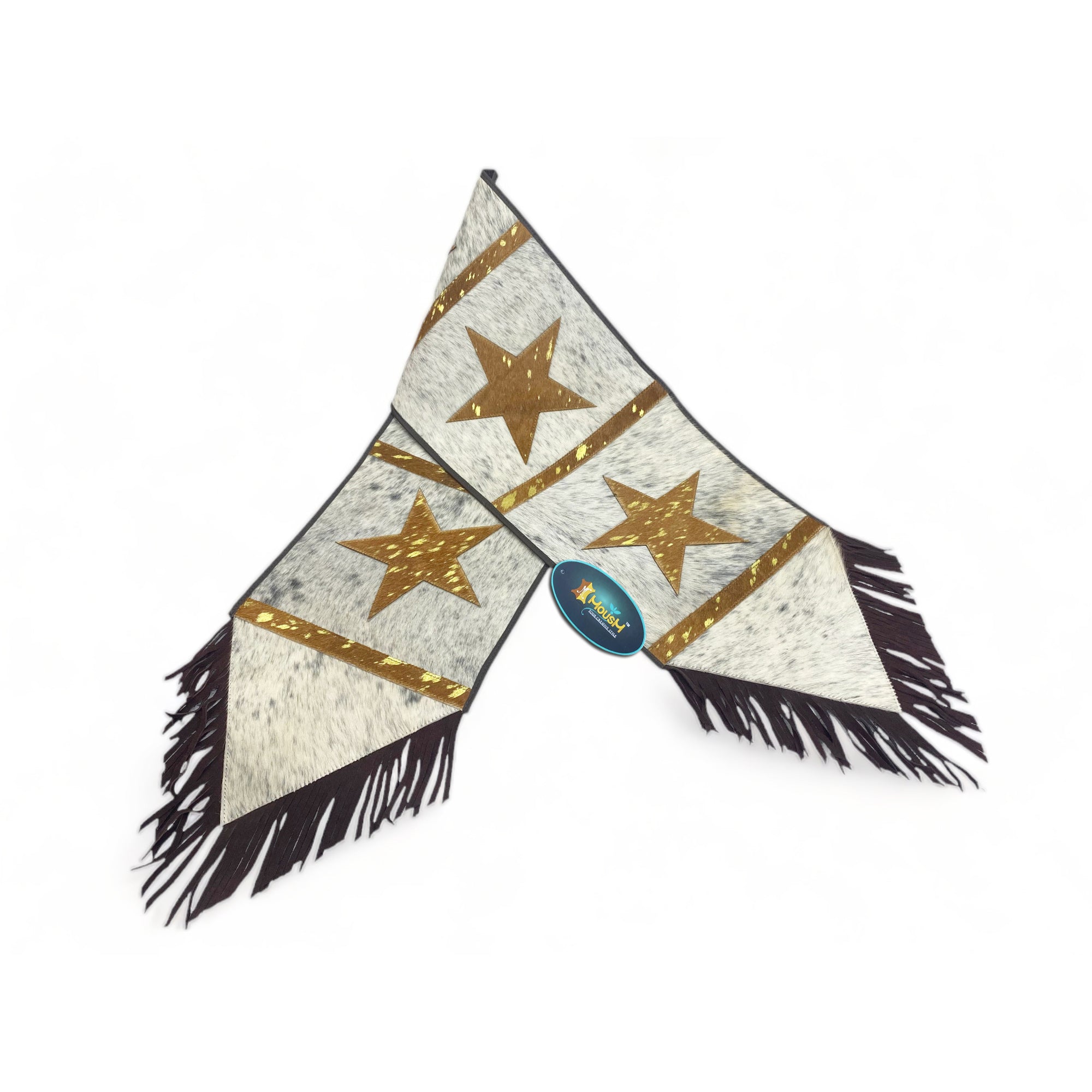 MOUSM Real Cow Hide Leather Table Runner - 72x12 inches, Embroidered Stars Cutout with Leather Black Fringe for Farmhouse Rustic Wedding Dinner Party