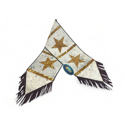 MOUSM Real Cow Hide Leather Table Runner - 72x12 inches, Embroidered Stars Cutout with Leather Black Fringe for Farmhouse Rustic Wedding Dinner Party