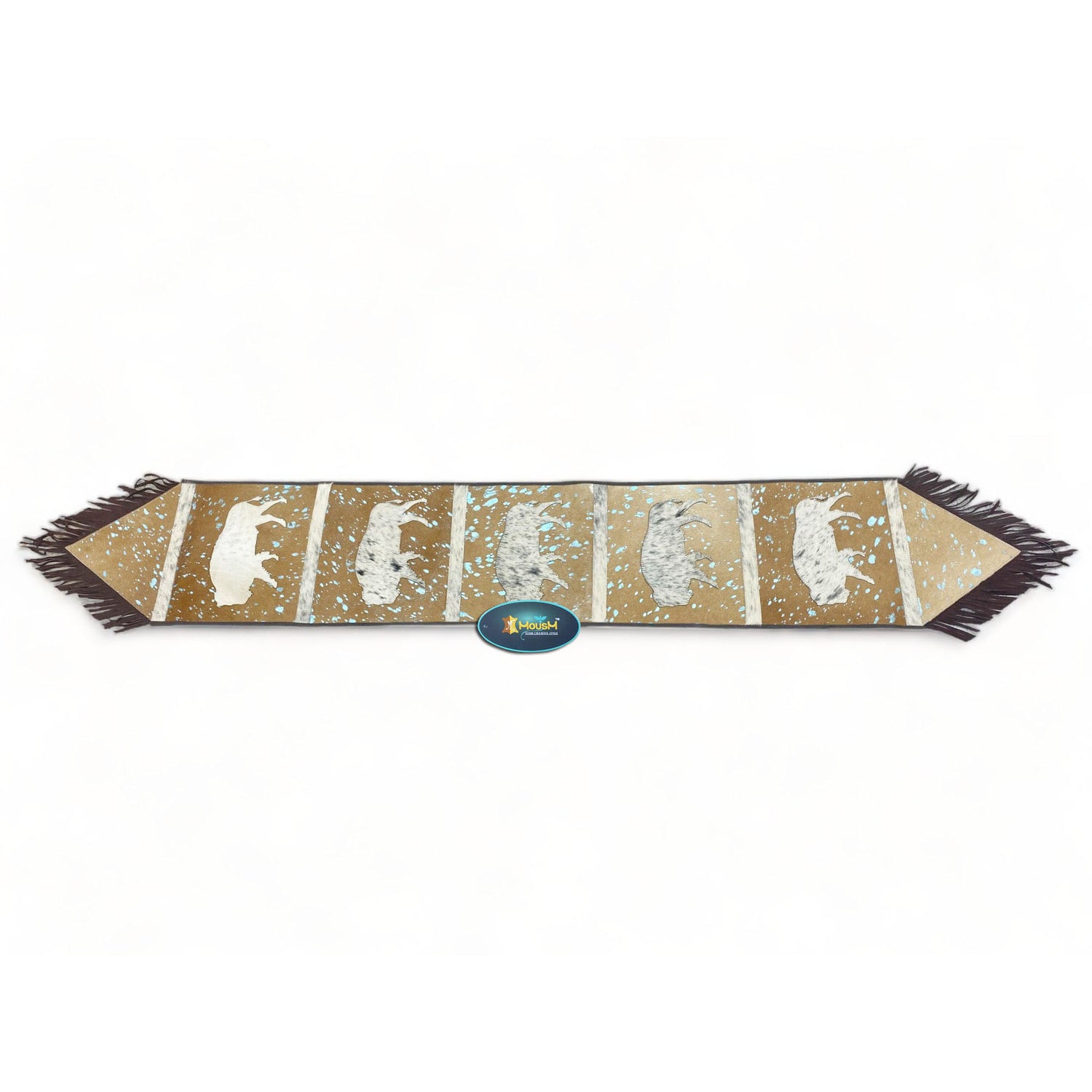 MOUSM Real Cow Hide Leather Table Runner - 72x12 inches, Acid Washed Brown Leather with Laser-Cut Animal Patches Decorated with Brown Fringe