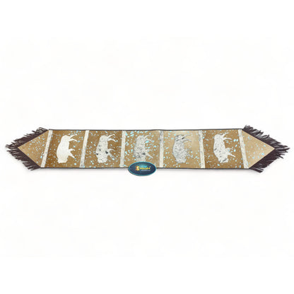 MOUSM Real Cow Hide Leather Table Runner - 72x12 inches, Acid Washed Brown Leather with Laser-Cut Animal Patches Decorated with Brown Fringe