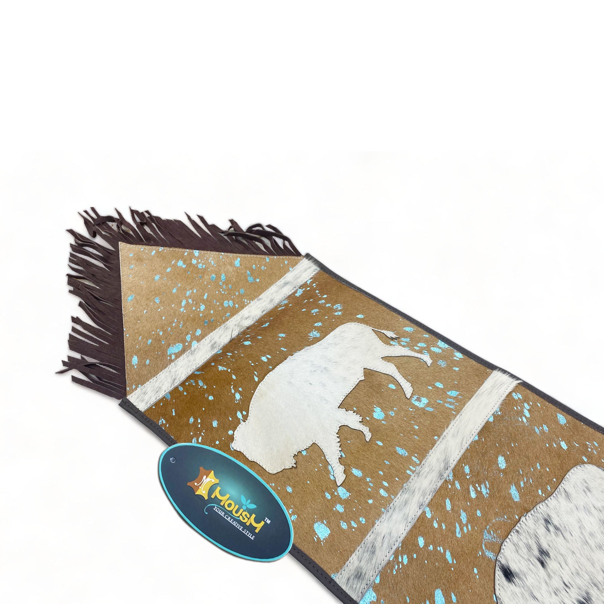 MOUSM Real Cow Hide Leather Table Runner - 72x12 inches, Acid Washed Brown Leather with Laser-Cut Animal Patches Decorated with Brown Fringe