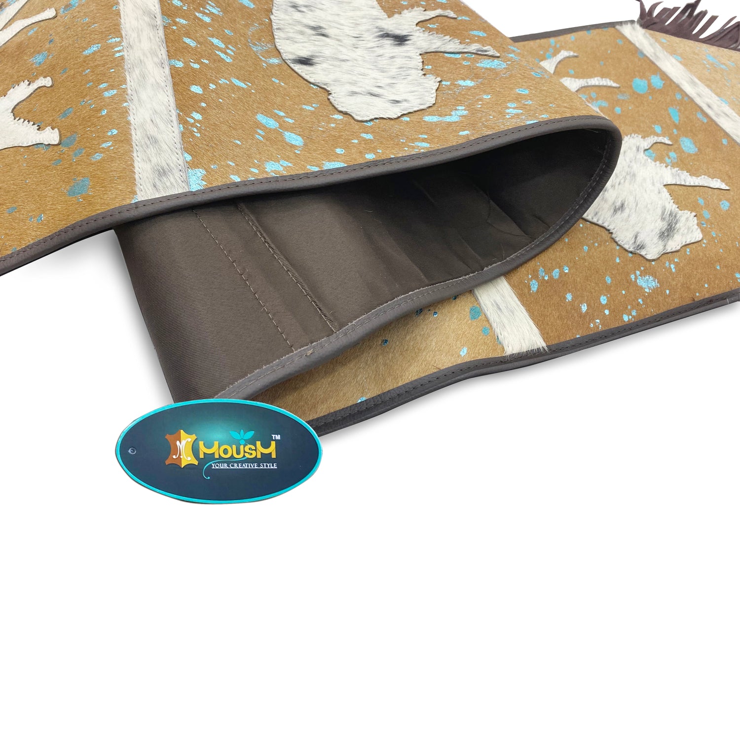 MOUSM Real Cow Hide Leather Table Runner - 72x12 inches, Acid Washed Brown Leather with Laser-Cut Animal Patches Decorated with Brown Fringe