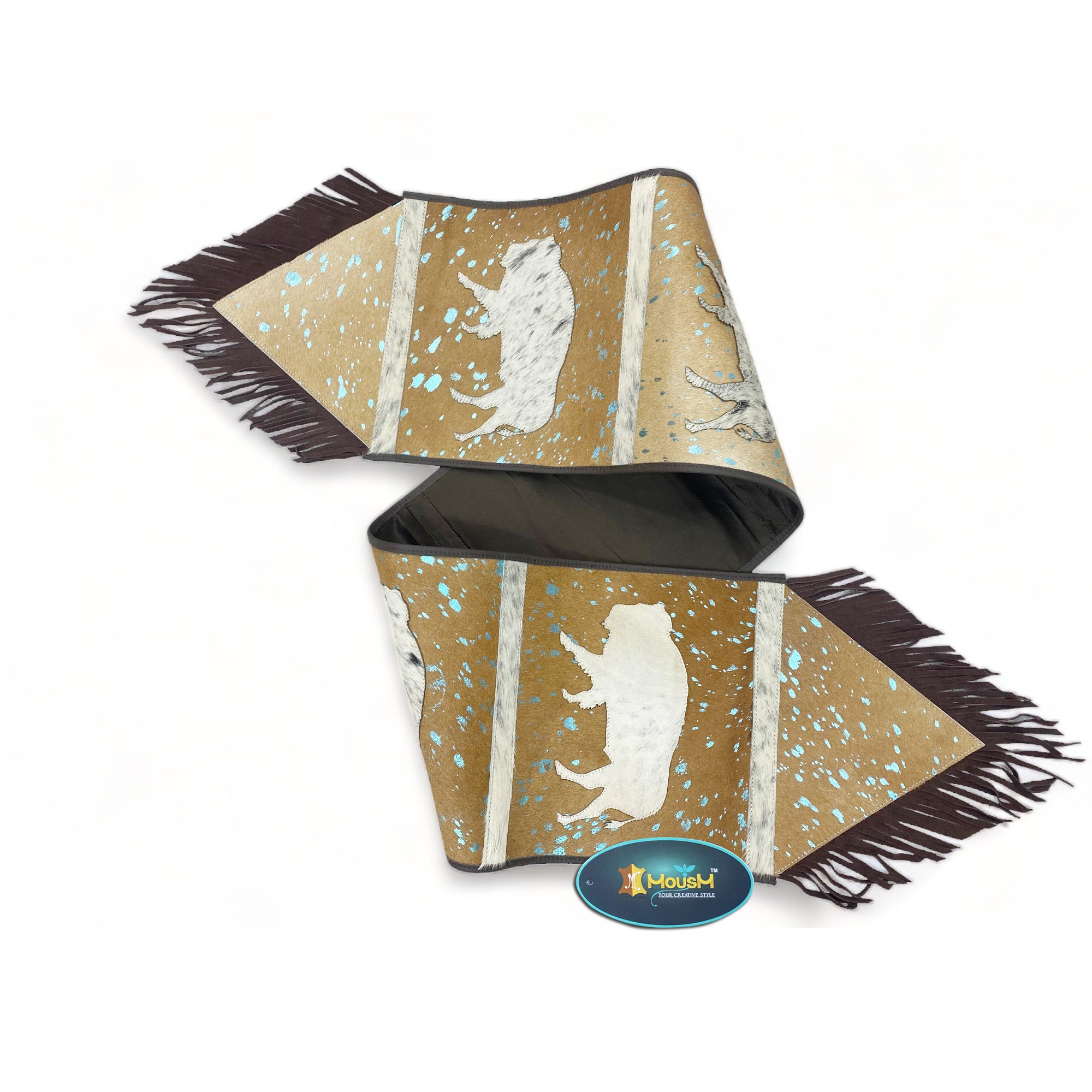 MOUSM Real Cow Hide Leather Table Runner - 72x12 inches, Acid Washed Brown Leather with Laser-Cut Animal Patches Decorated with Brown Fringe