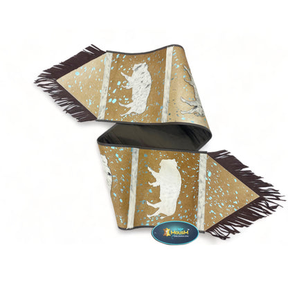 MOUSM Real Cow Hide Leather Table Runner - 72x12 inches, Acid Washed Brown Leather with Laser-Cut Animal Patches Decorated with Brown Fringe