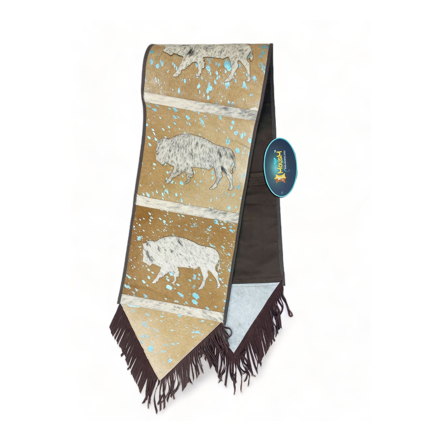 MOUSM Real Cow Hide Leather Table Runner - 72x12 inches, Acid Washed Brown Leather with Laser-Cut Animal Patches Decorated with Brown Fringe