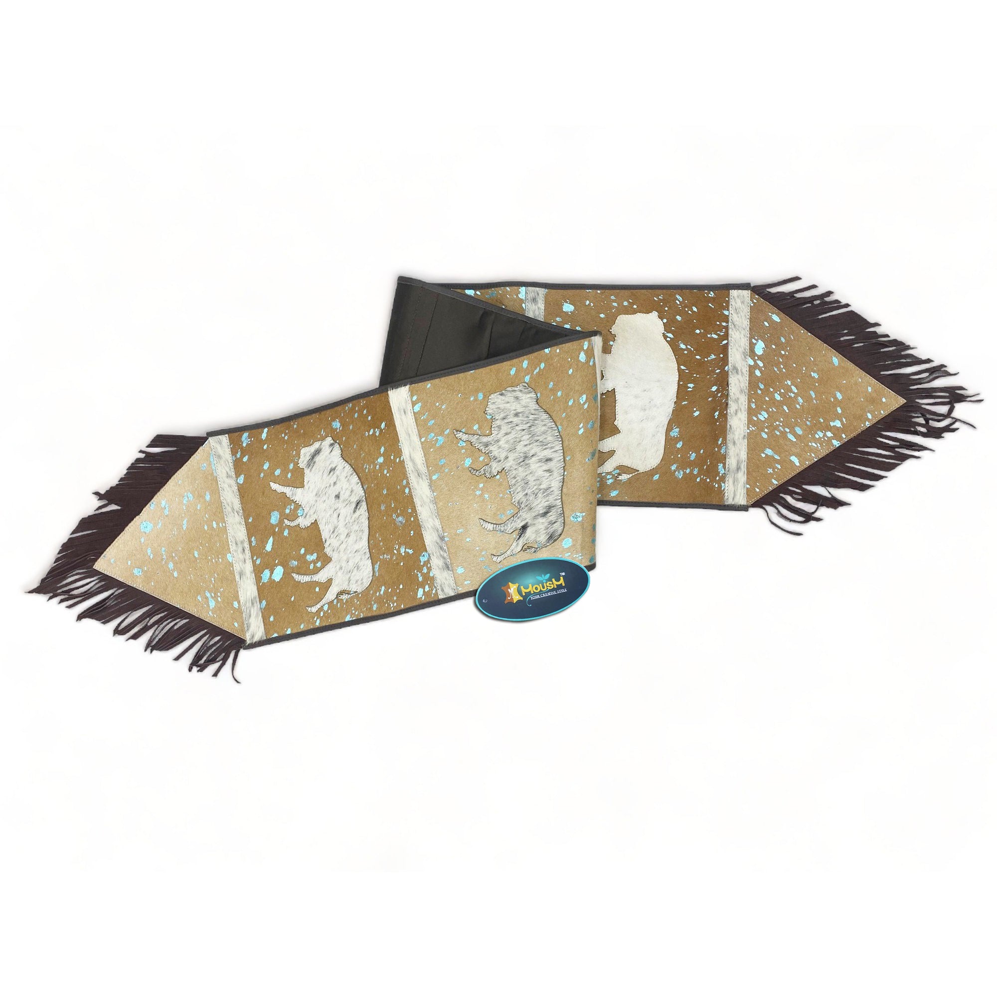 MOUSM Real Cow Hide Leather Table Runner - 72x12 inches, Acid Washed Brown Leather with Laser-Cut Animal Patches Decorated with Brown Fringe
