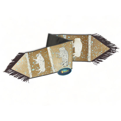 MOUSM Real Cow Hide Leather Table Runner - 72x12 inches, Acid Washed Brown Leather with Laser-Cut Animal Patches Decorated with Brown Fringe