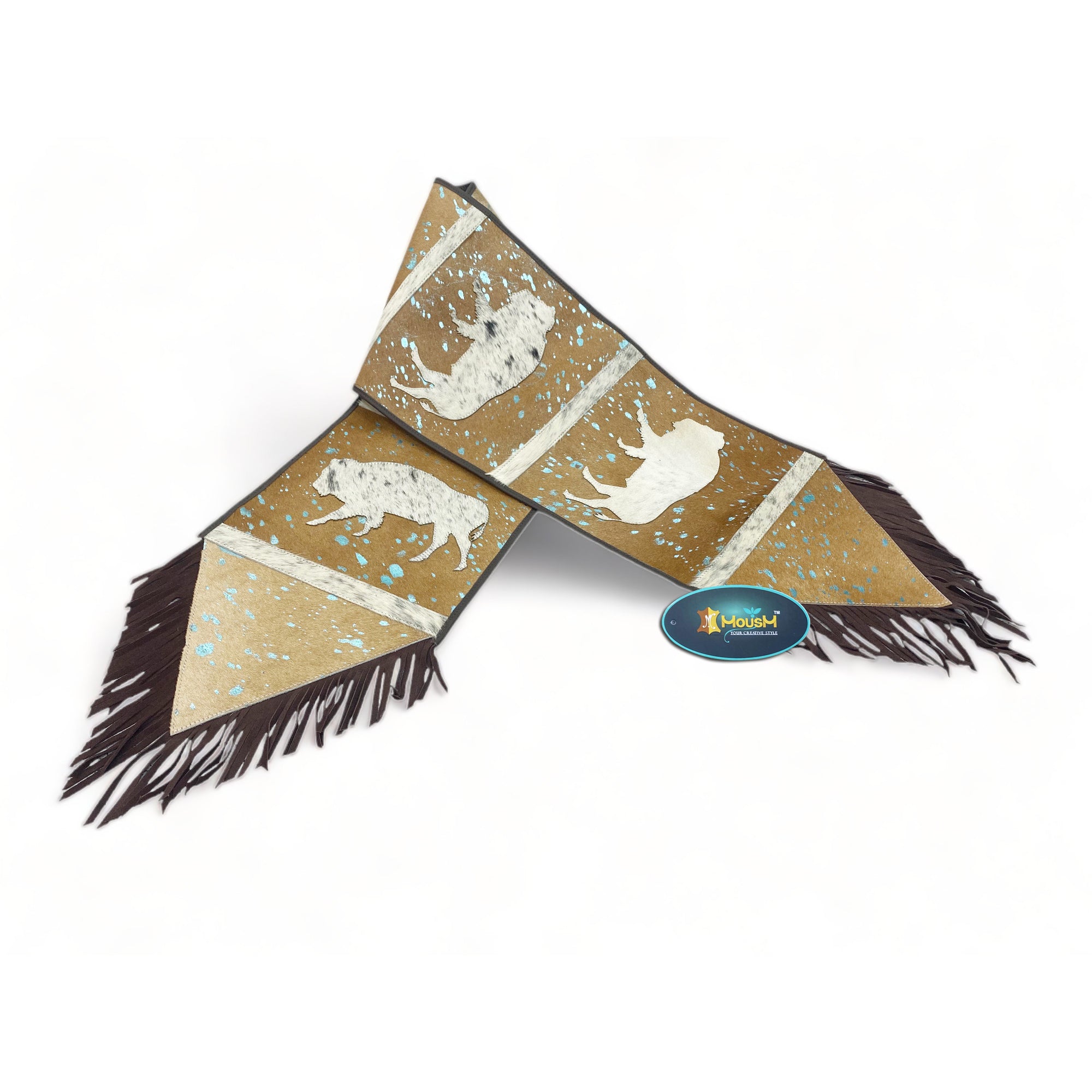 MOUSM Real Cow Hide Leather Table Runner - 72x12 inches, Acid Washed Brown Leather with Laser-Cut Animal Patches Decorated with Brown Fringe