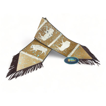 MOUSM Real Cow Hide Leather Table Runner - 72x12 inches, Acid Washed Brown Leather with Laser-Cut Animal Patches Decorated with Brown Fringe
