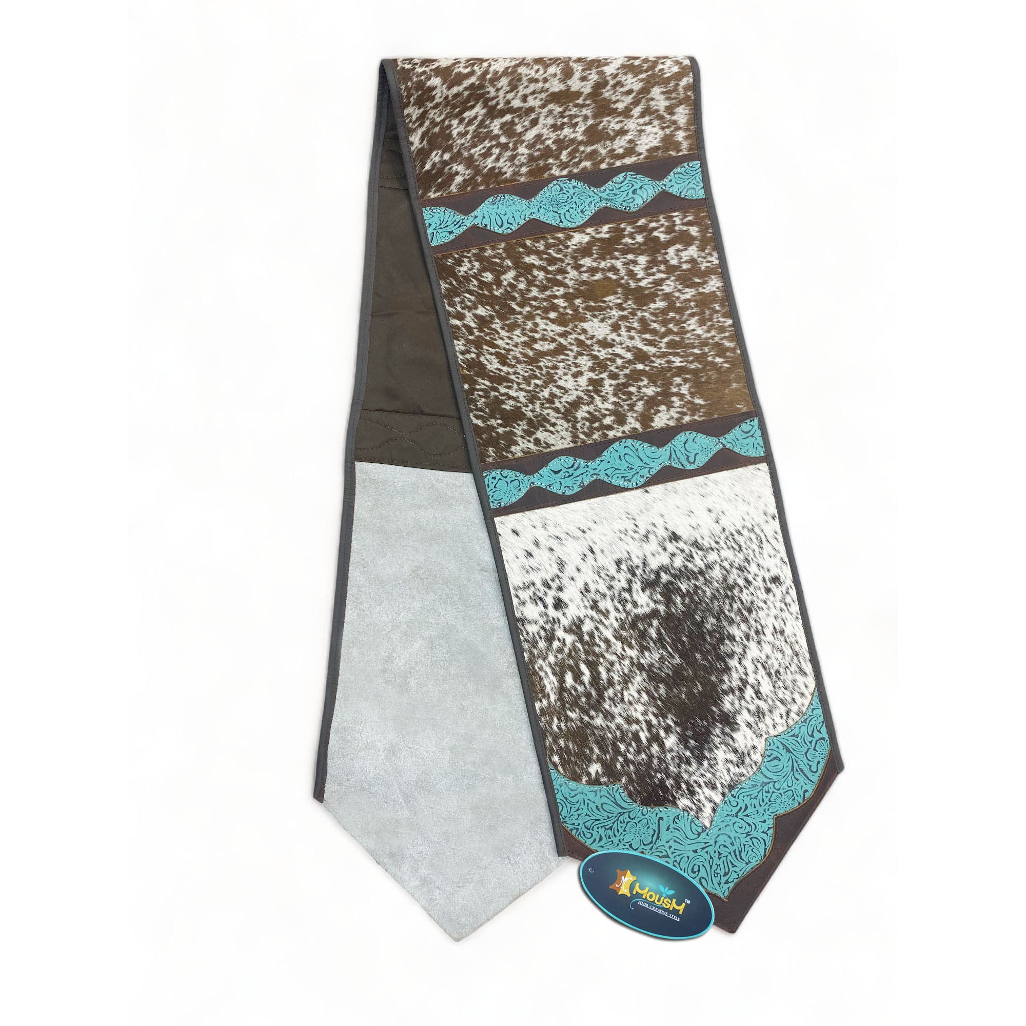 MOUSM Real Cowhide Leather Table Runner - 72x12 Inches, Rustic Farmhouse Table Centerpiece in Tri-Colour Design Turquoise/Brown/White