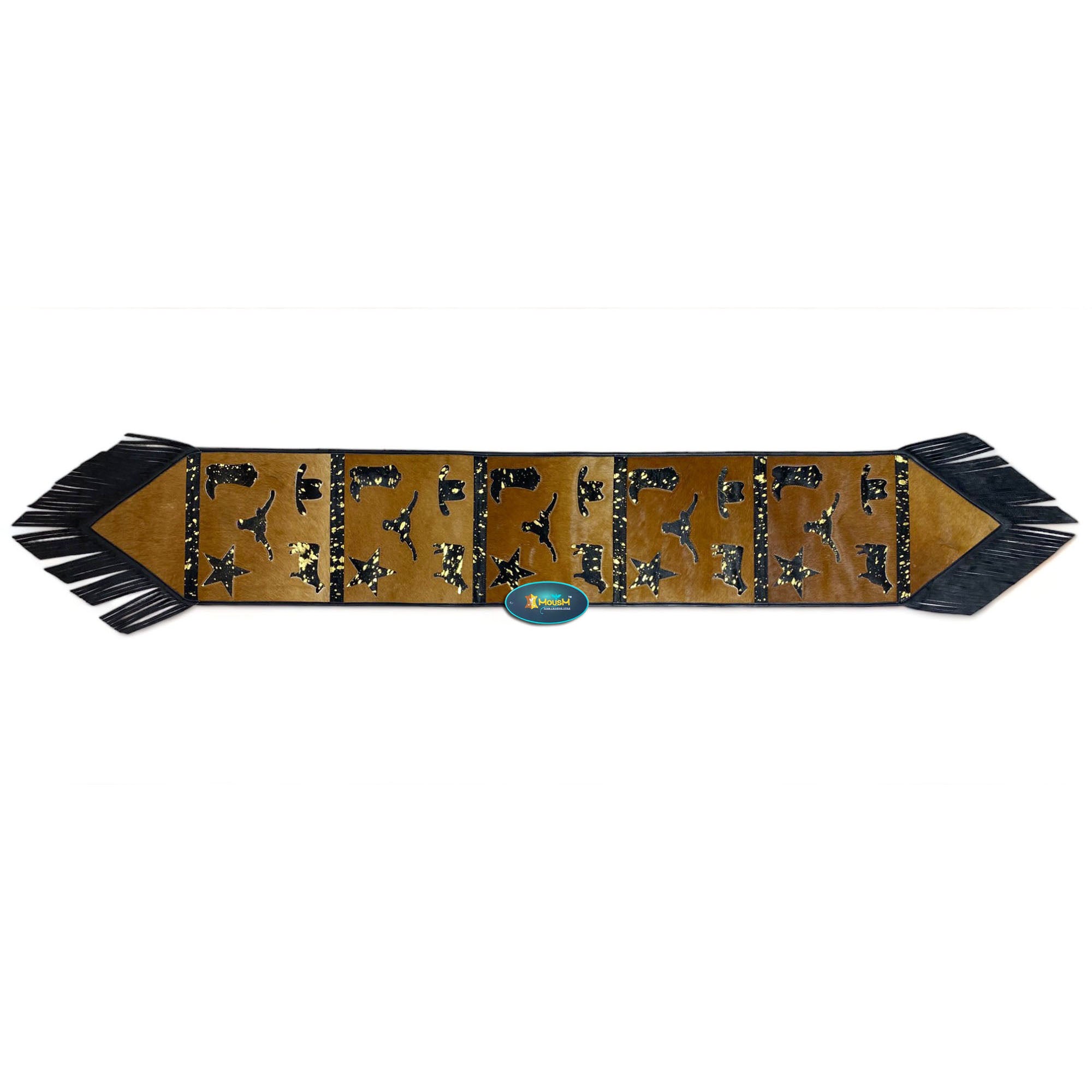 MOUSM Real Cow Hide Leather Table Runner - 72x12 Inches, Decorated with Brown Acid Wash Design with Laser Cut Related Logos with Black Fringe Both Sides